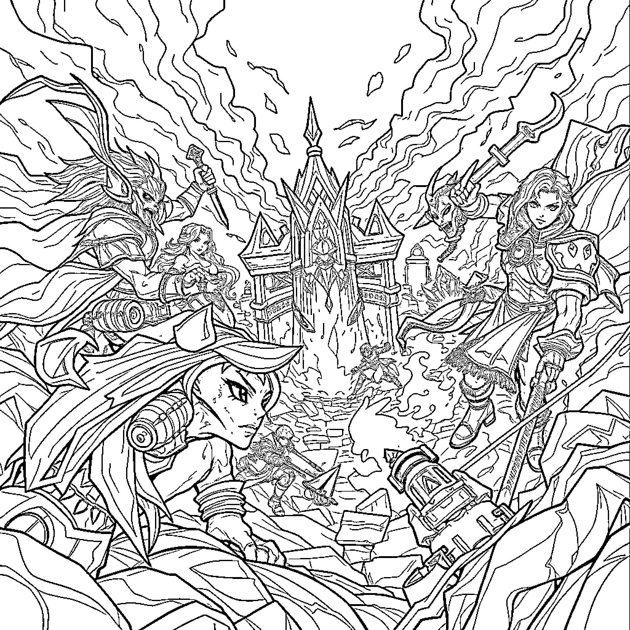 League of Legends: Epic Battle in a Fantastical Realm Coloring Page (free black-and-white line drawing printable PDF for all, from beginners to advanced learners, including children, teens, adults, and seniors)