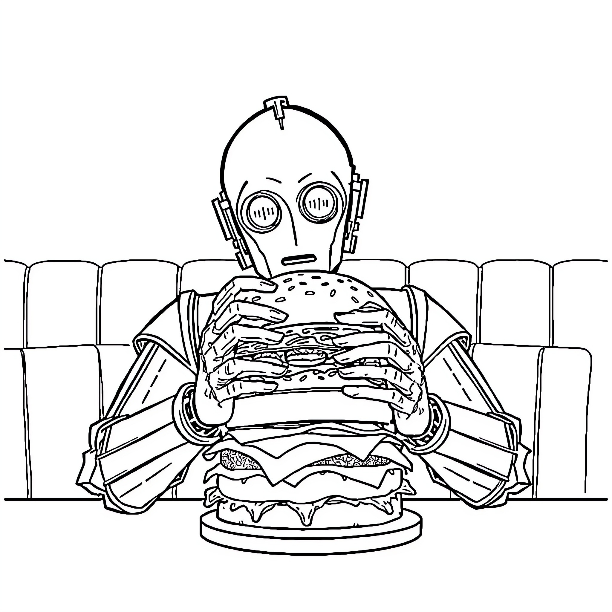 C3PO enjoys a delightful burger Coloring Page (free black-and-white line drawing printable PDF for all, from beginners to advanced learners, including children, teens, adults, and seniors)
