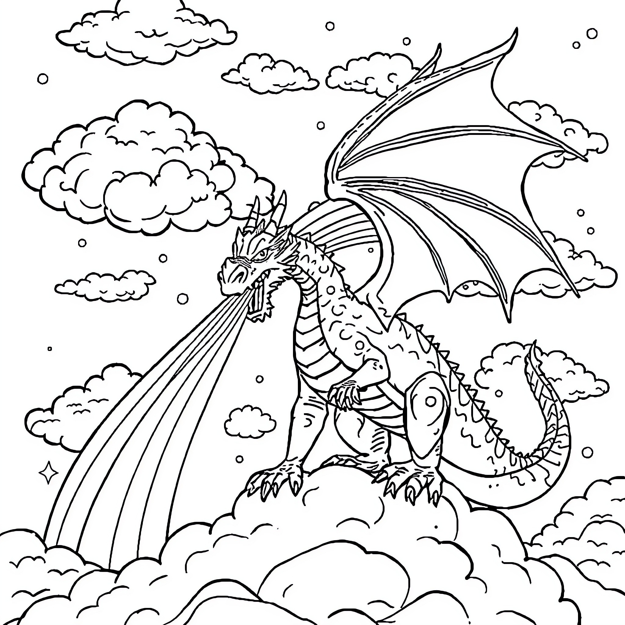 Dragon breathing fire in the cloudy sky Coloring Page (free black-and-white line drawing printable PDF for all, from beginners to advanced learners, including children, teens, adults, and seniors)