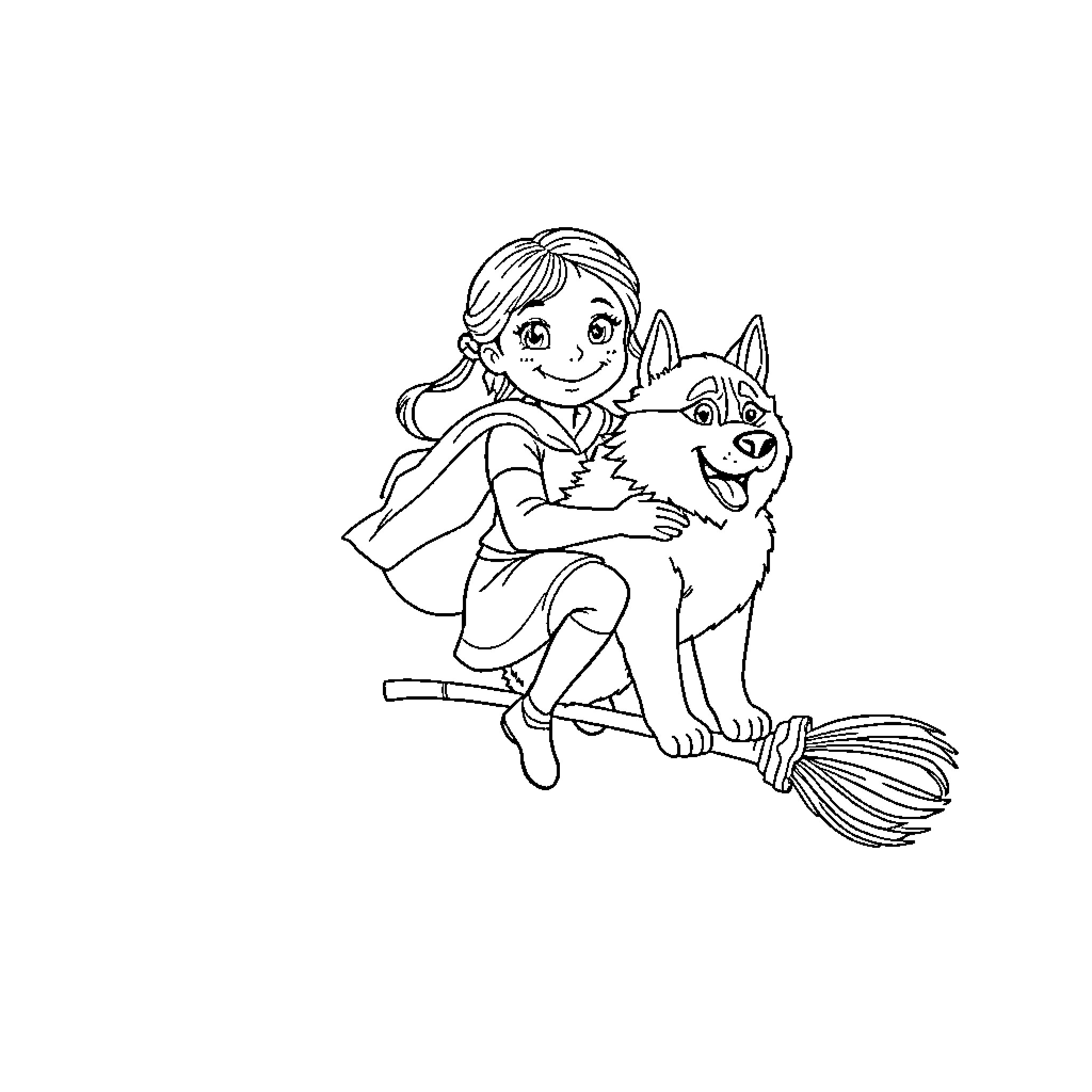 Girl riding a broomstick with her dog Coloring Page (free black-and-white line drawing printable PDF for all, from beginners to advanced learners, including children, teens, adults, and seniors)