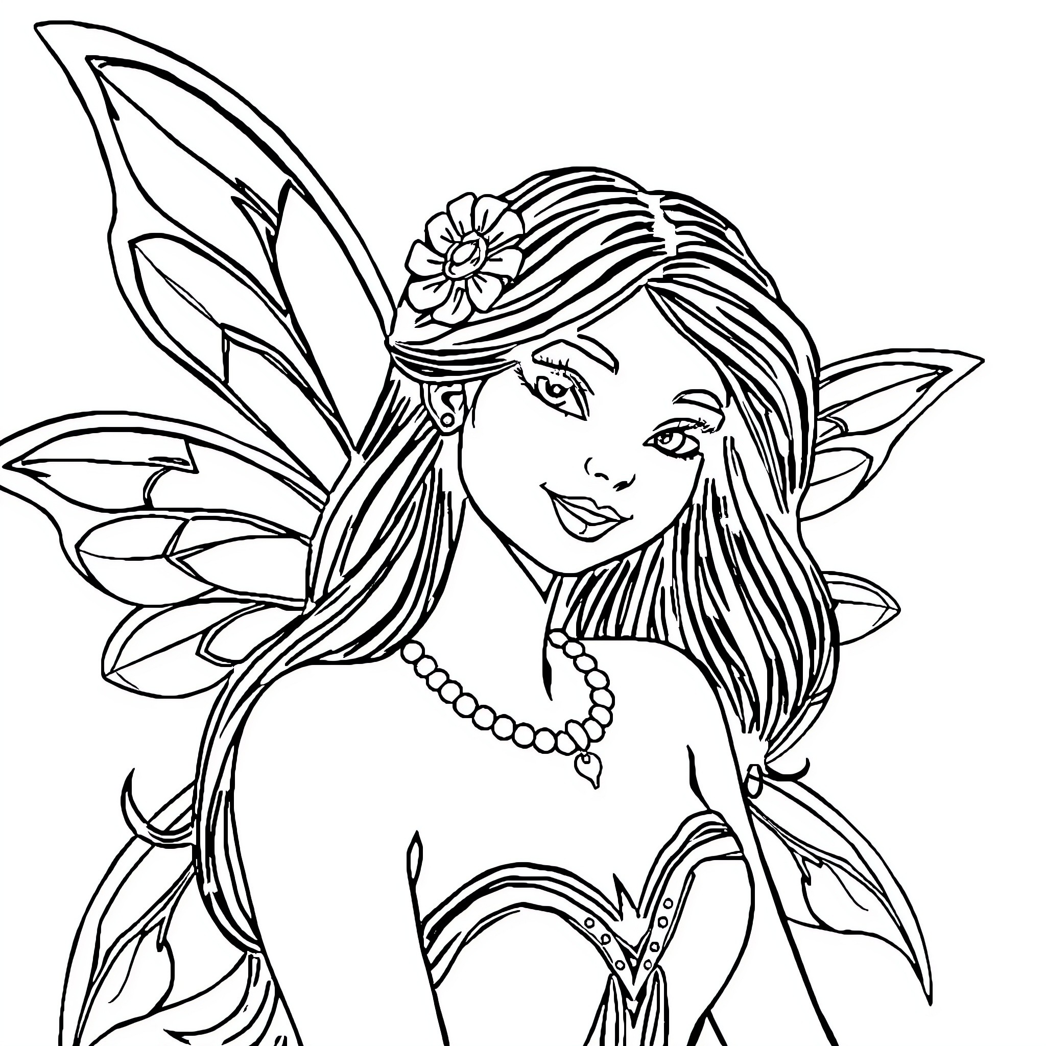 Fairy with floral headpiece and necklace Coloring Page (free black-and-white line drawing printable PDF for all, from beginners to advanced learners, including children, teens, adults, and seniors)