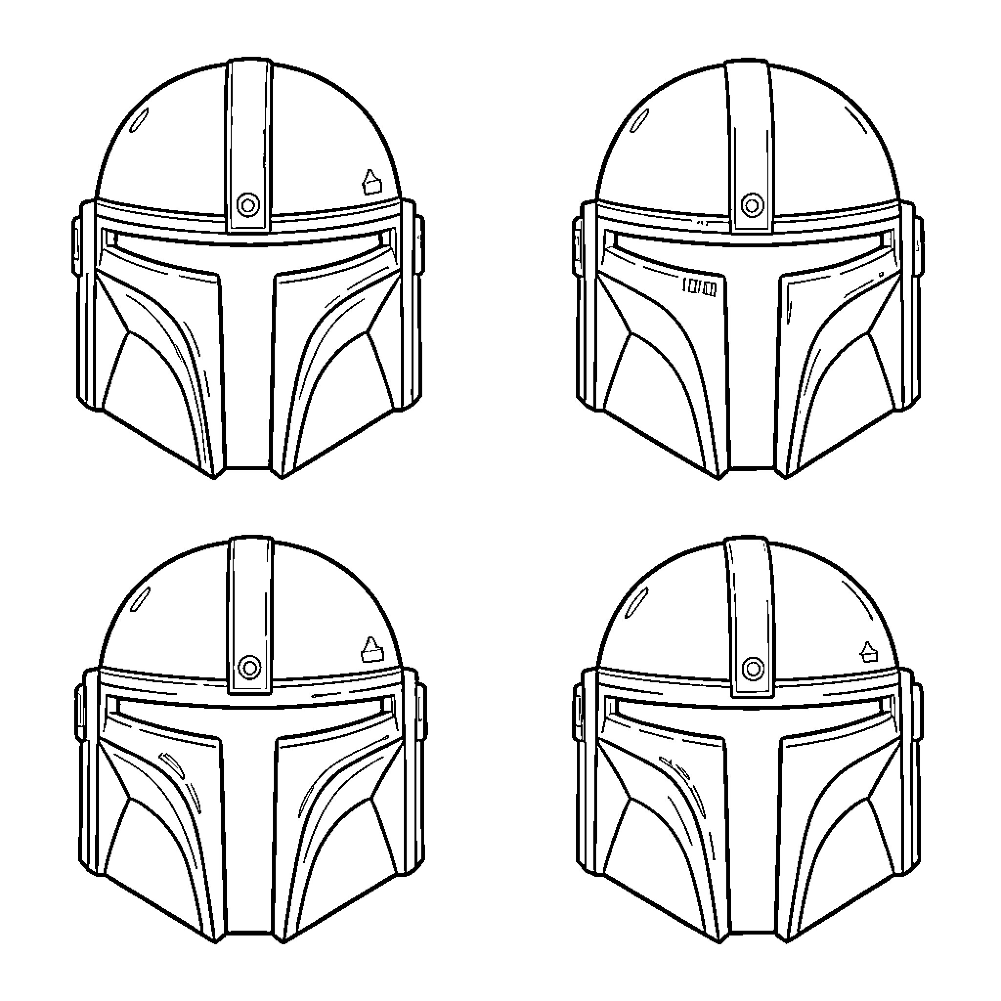Mandalorian helmets displayed in multiple perspectives Coloring Page (free black-and-white line drawing printable PDF for all, from beginners to advanced learners, including children, teens, adults, and seniors)