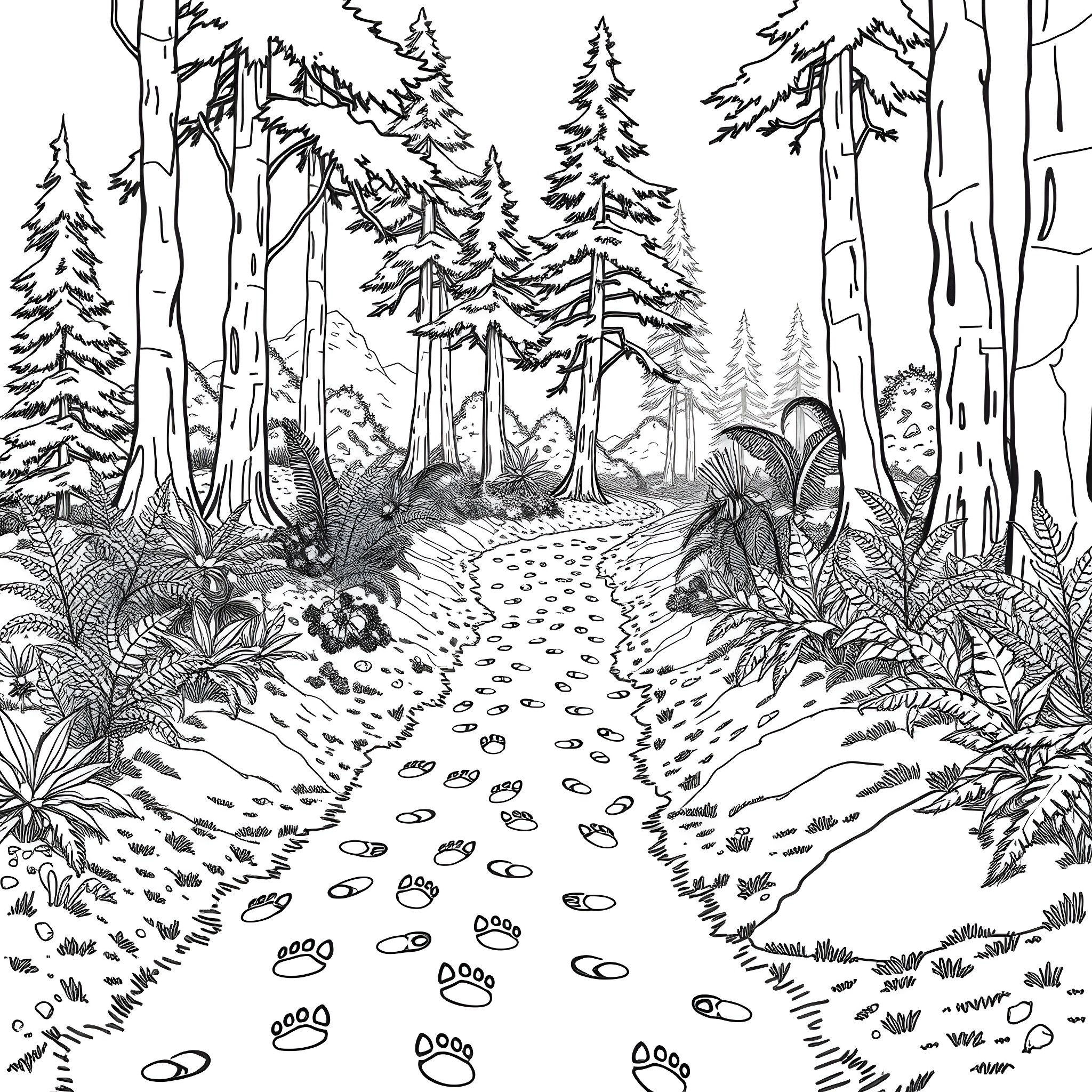 Animal Footprint in Lush Forest Landscape Coloring Page (free black-and-white line drawing printable PDF for all, from beginners to advanced learners, including children, teens, adults, and seniors)