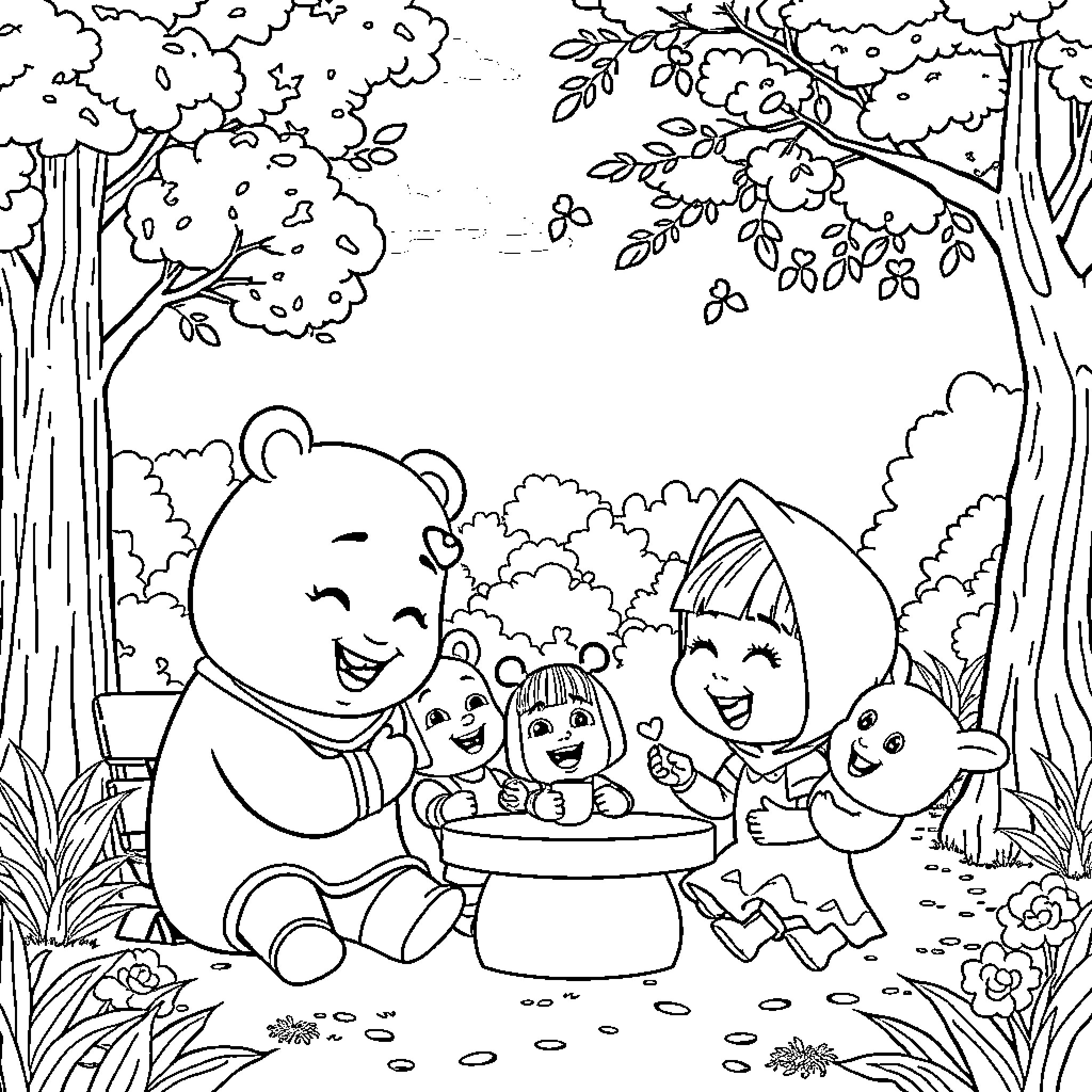 Masha and Friends Enjoying a Picnic in the Forest Coloring Page (free black-and-white line drawing printable PDF for all, from beginners to advanced learners, including children, teens, adults, and seniors)