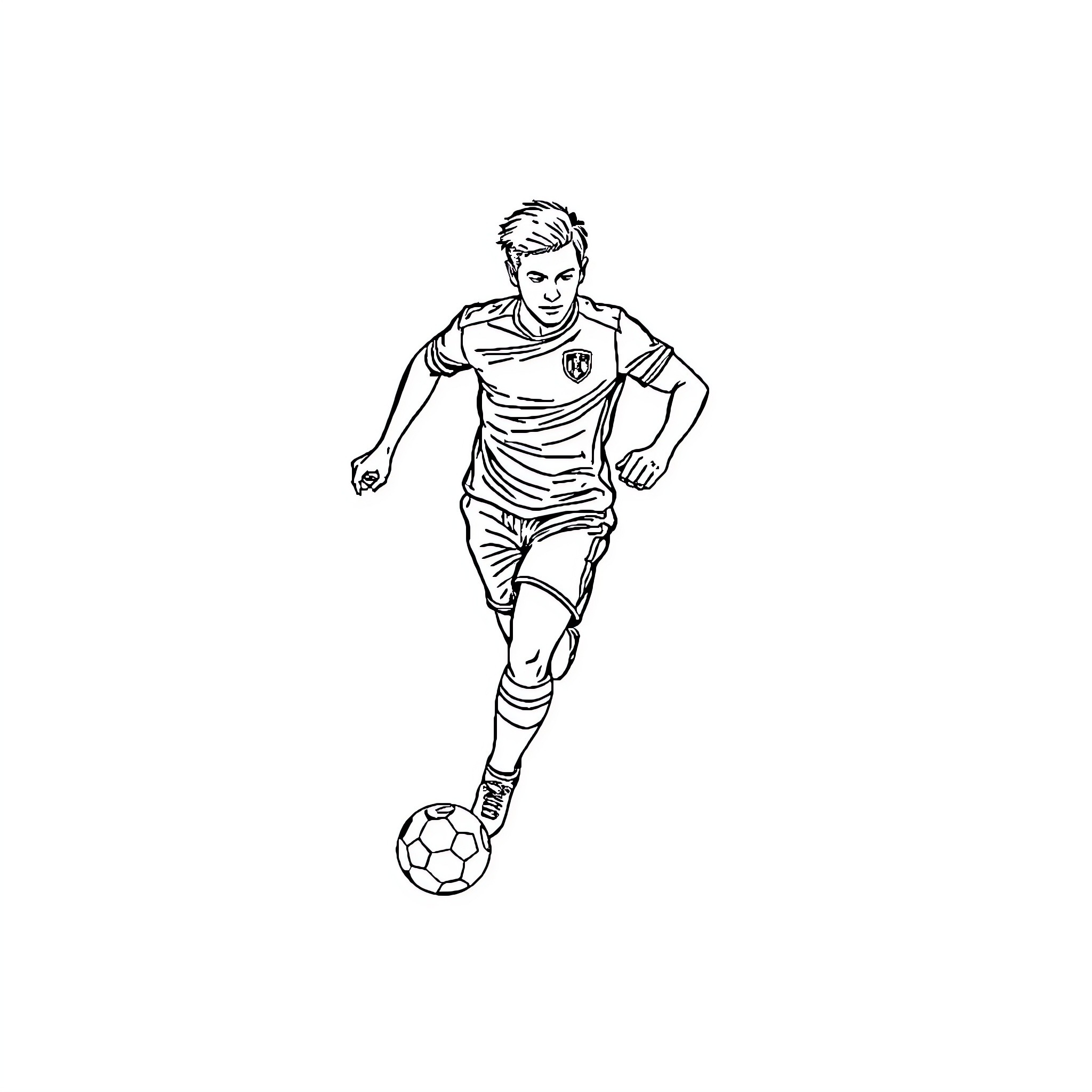 Football Player Dribbling the Ball Aggressively Coloring Page (free black-and-white line drawing printable PDF for all, from beginners to advanced learners, including children, teens, adults, and seniors)