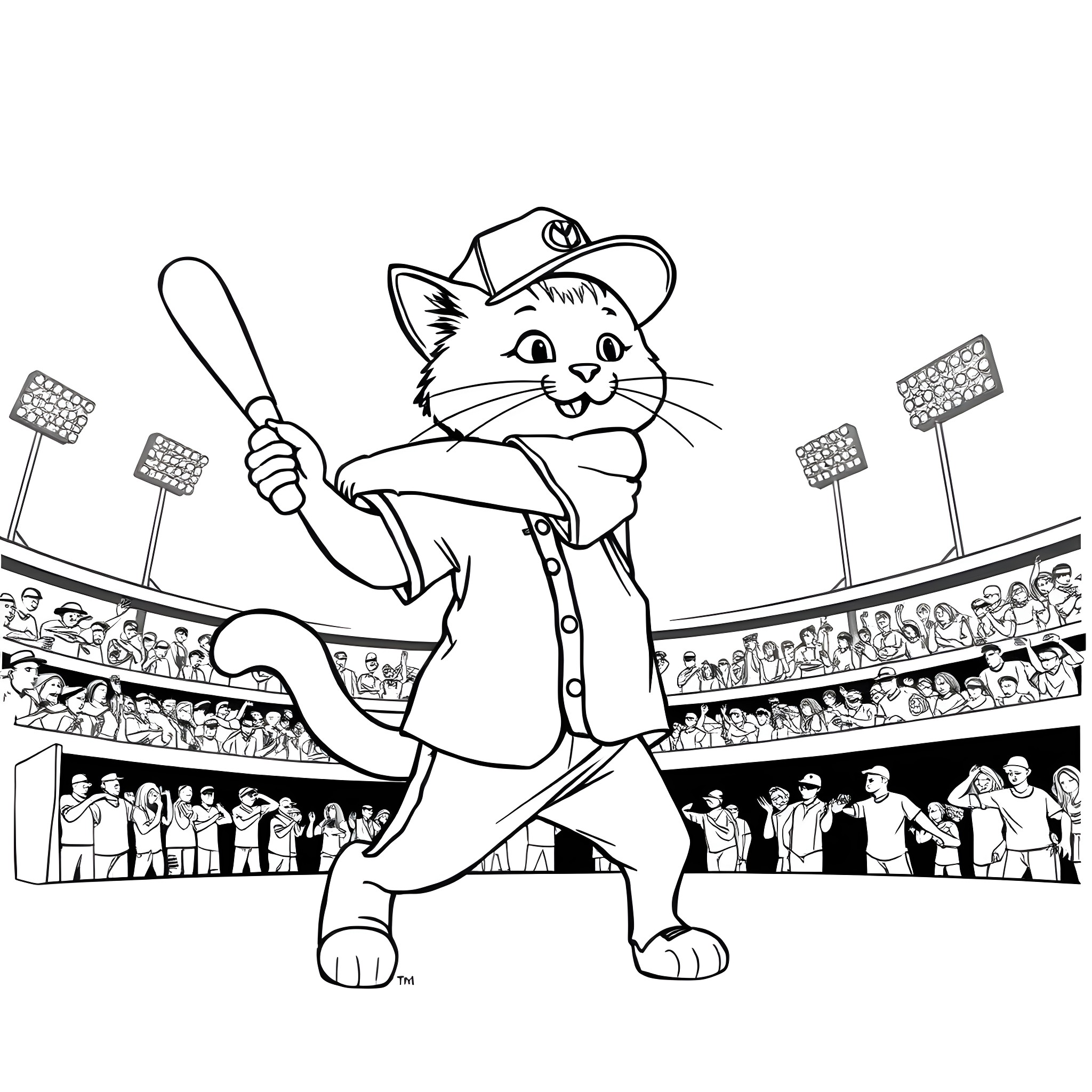 Cat baseball player in stadium Coloring Page (free black-and-white line drawing printable PDF for all, from beginners to advanced learners, including children, teens, adults, and seniors)