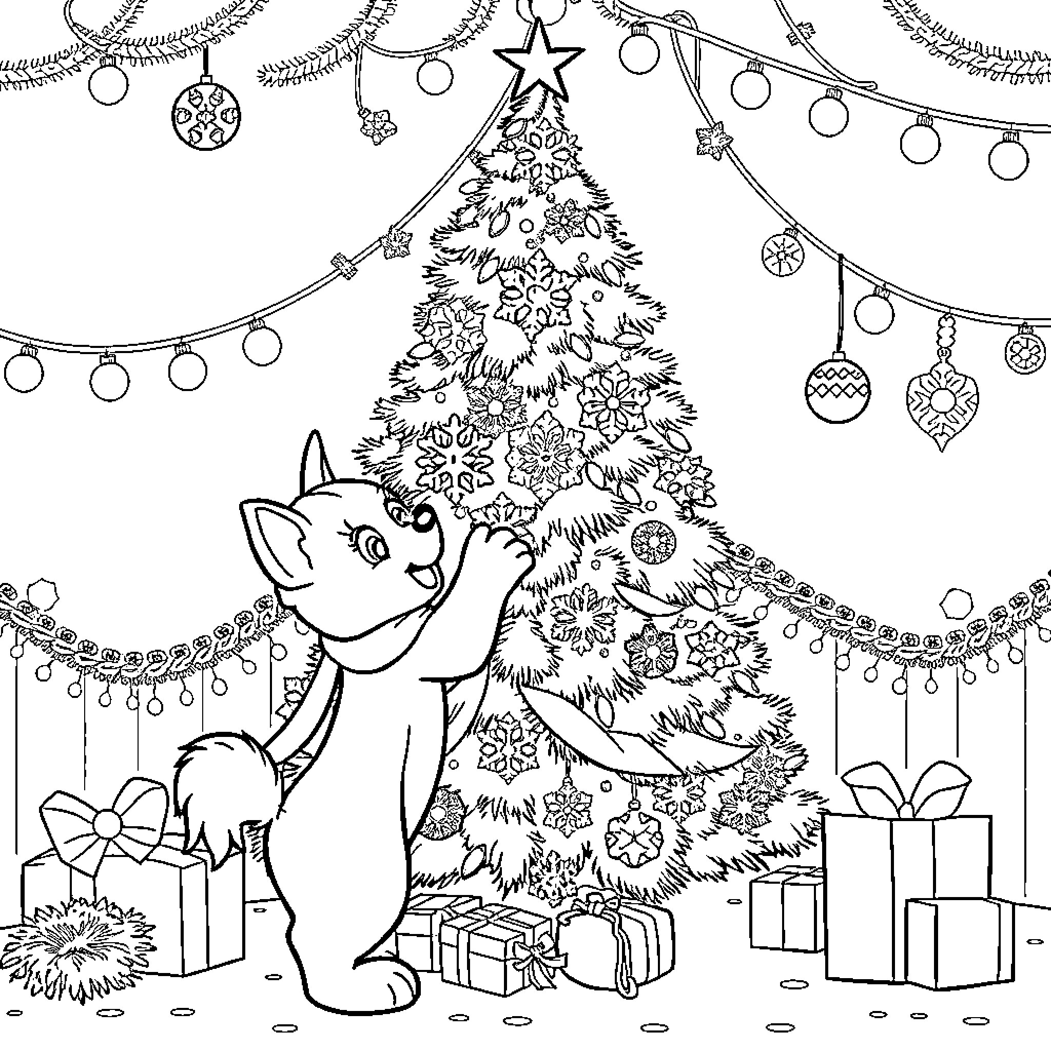 Bluey Decorating Christmas Tree with Ornaments Coloring Page (free black-and-white line drawing printable PDF for all, from beginners to advanced learners, including children, teens, adults, and seniors)