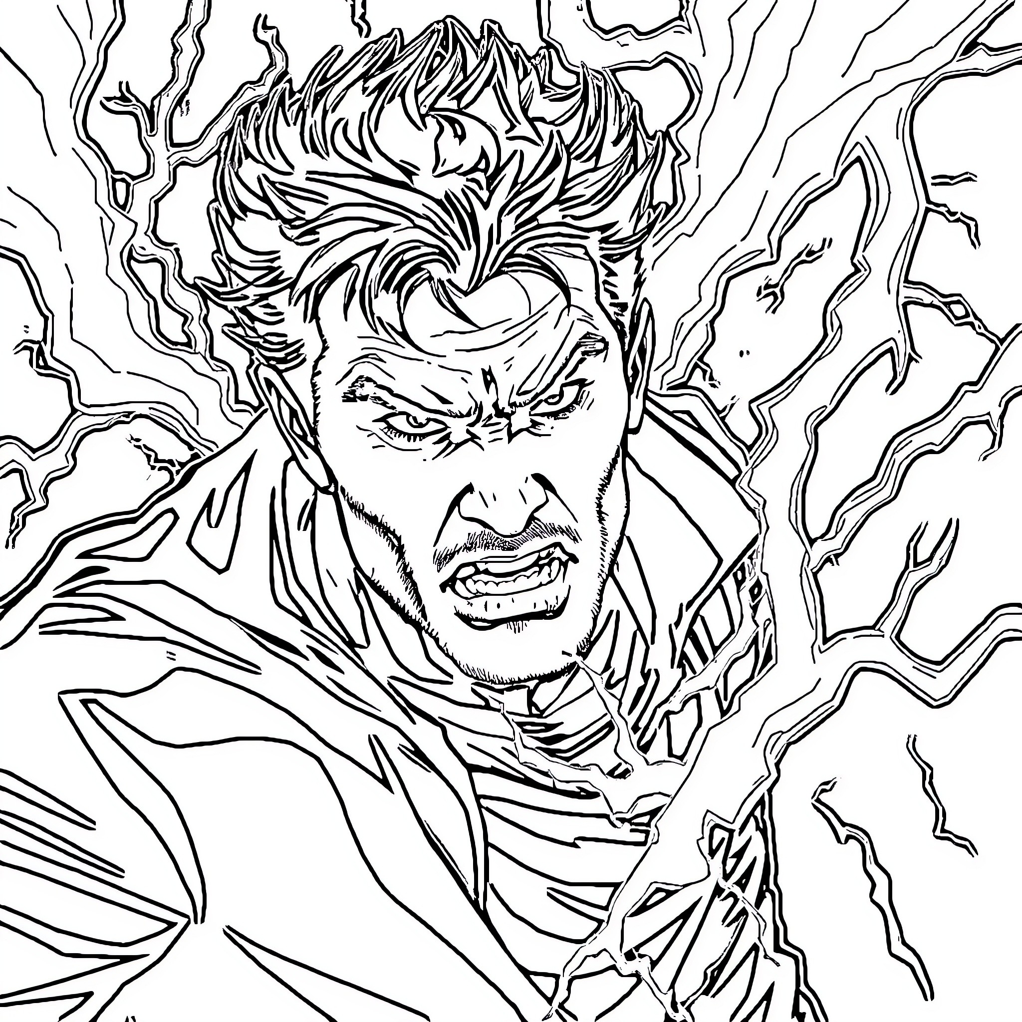 Homme engagé dans une puissante manifestation d'énergie Coloring Page (free black-and-white line drawing printable PDF for all, from beginners to advanced learners, including children, teens, adults, and seniors)