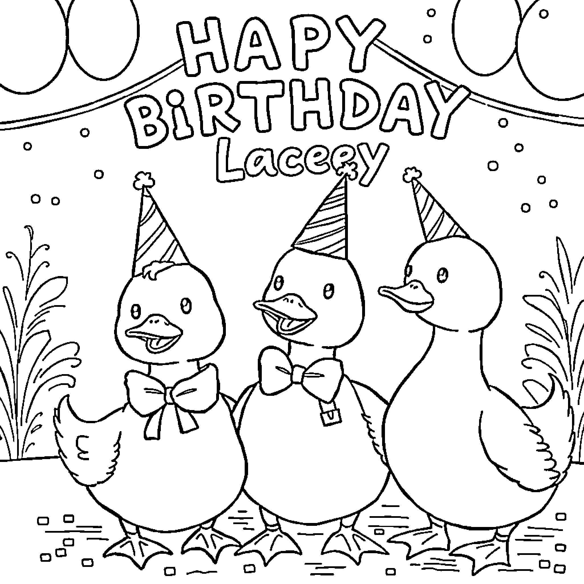 Ducks celebrating a happy birthday Coloring Page (free black-and-white line drawing printable PDF for all, from beginners to advanced learners, including children, teens, adults, and seniors)