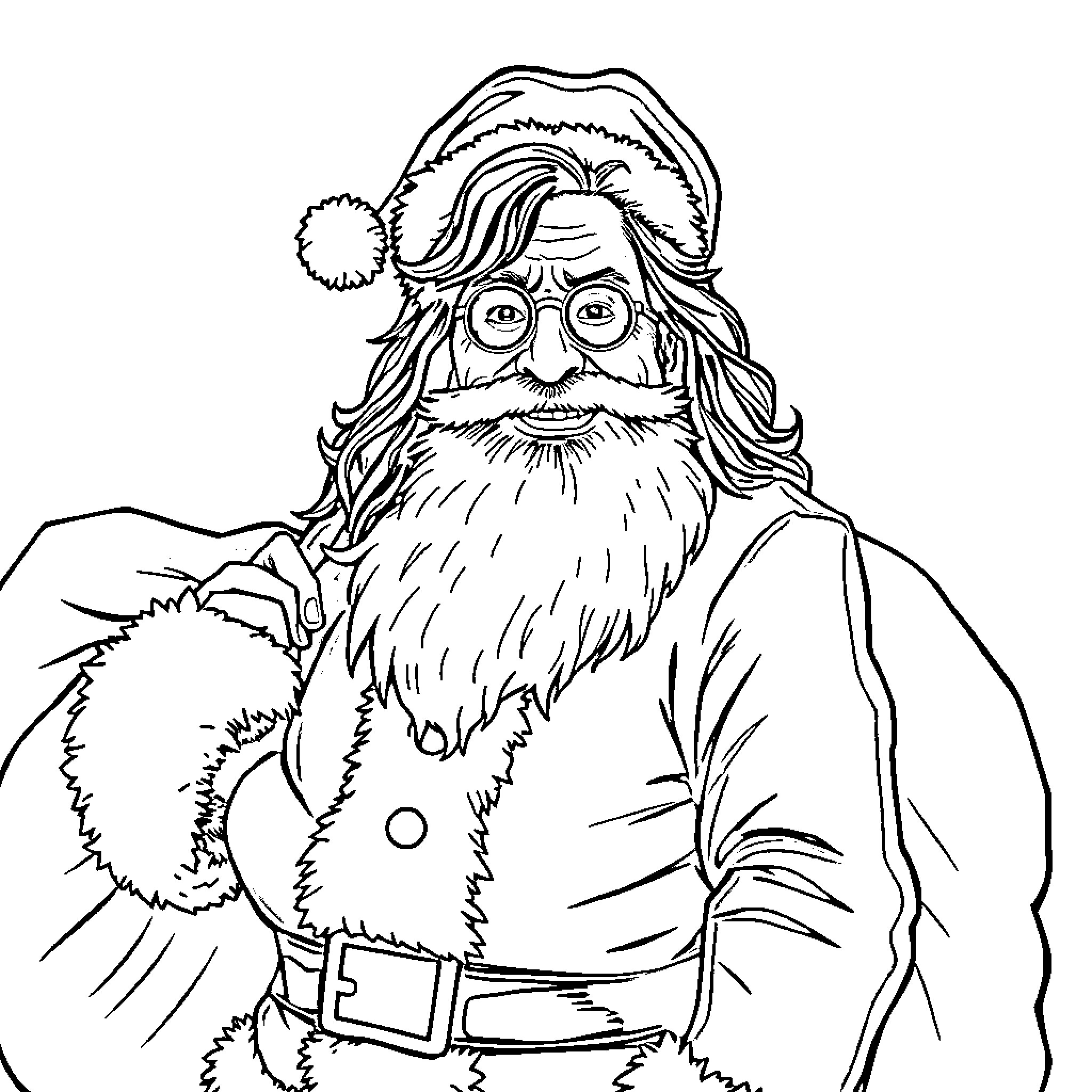 Ozzy Osbourne as a festive Santa Claus figure Coloring Page (free black-and-white line drawing printable PDF for all, from beginners to advanced learners, including children, teens, adults, and seniors)