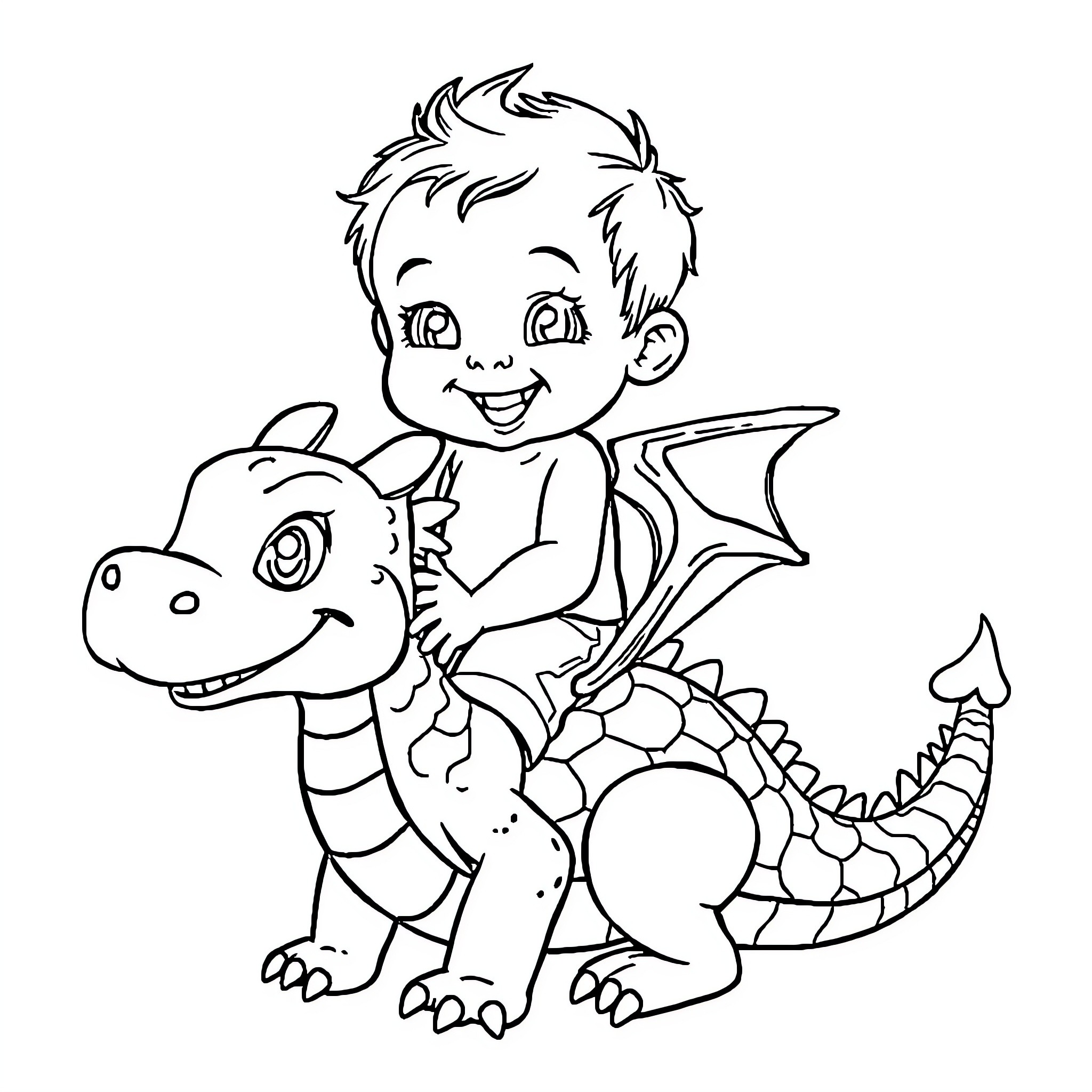 Baby Boy Riding a Friendly Dragon Coloring Page (free black-and-white line drawing printable PDF for all, from beginners to advanced learners, including children, teens, adults, and seniors)