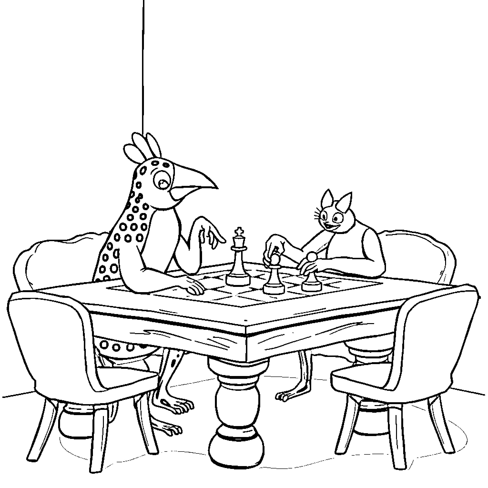 Capybara and kitten play chess on a table Coloring Page (free black-and-white line drawing printable PDF for all, from beginners to advanced learners, including children, teens, adults, and seniors)