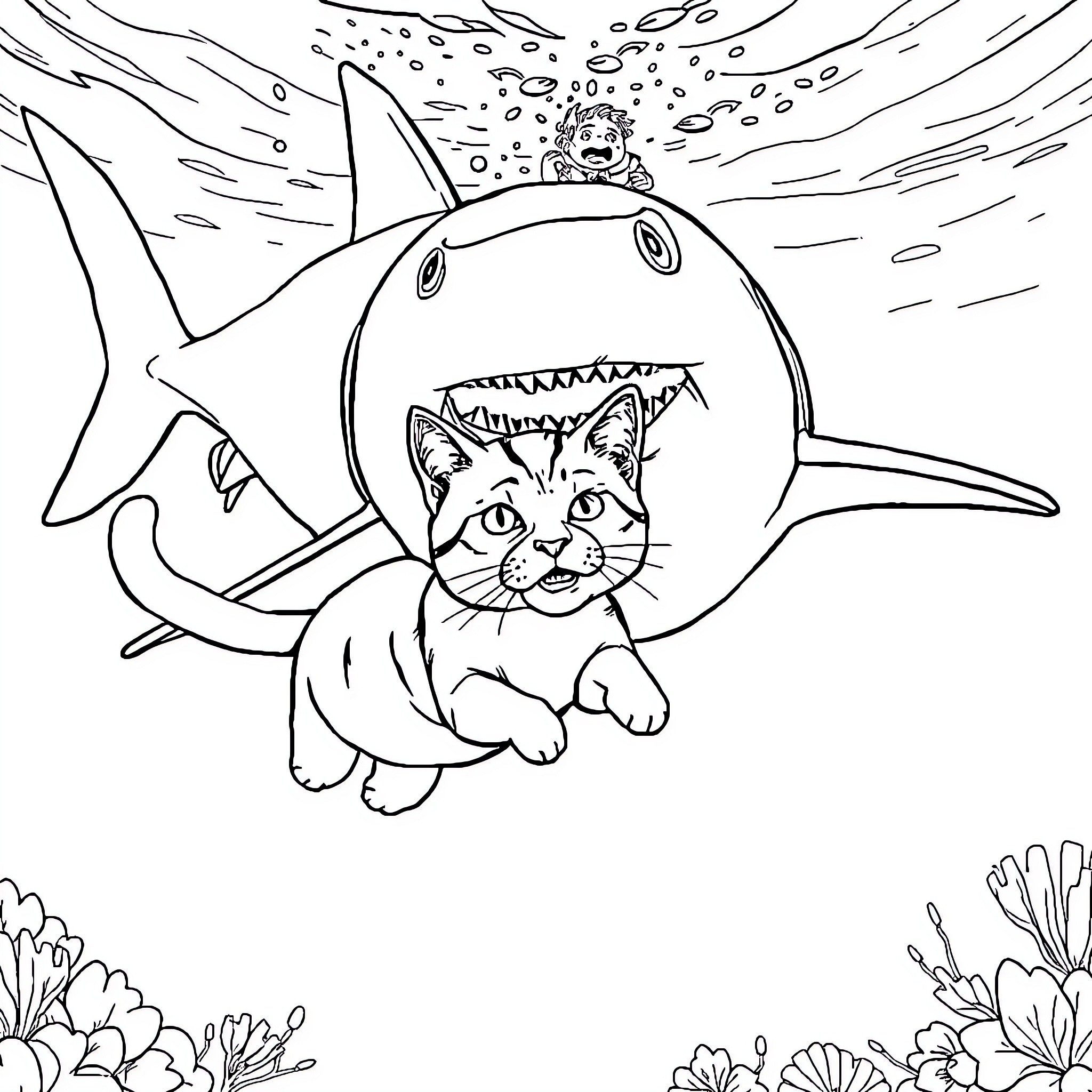 Cat in shark costume swimming underwater Coloring Page (free black-and-white line drawing printable PDF for all, from beginners to advanced learners, including children, teens, adults, and seniors)