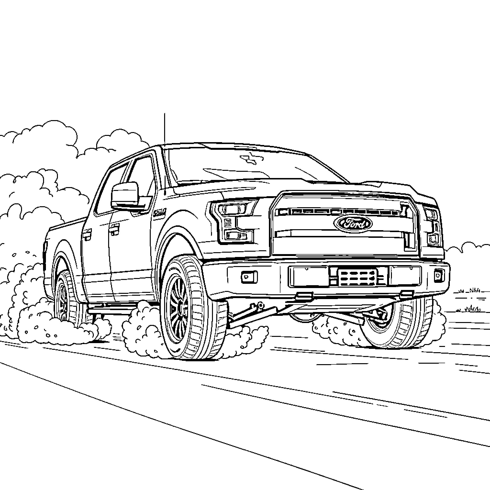 Ford F-150 pickup truck on an off-road trail Coloring Page (free black-and-white line drawing printable PDF for all, from beginners to advanced learners, including children, teens, adults, and seniors)