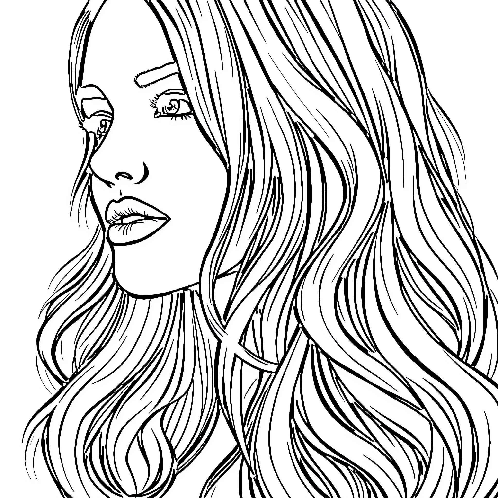 Woman with flowing long hair and pensive expression Coloring Page (free black-and-white line drawing printable PDF for all, from beginners to advanced learners, including children, teens, adults, and seniors)