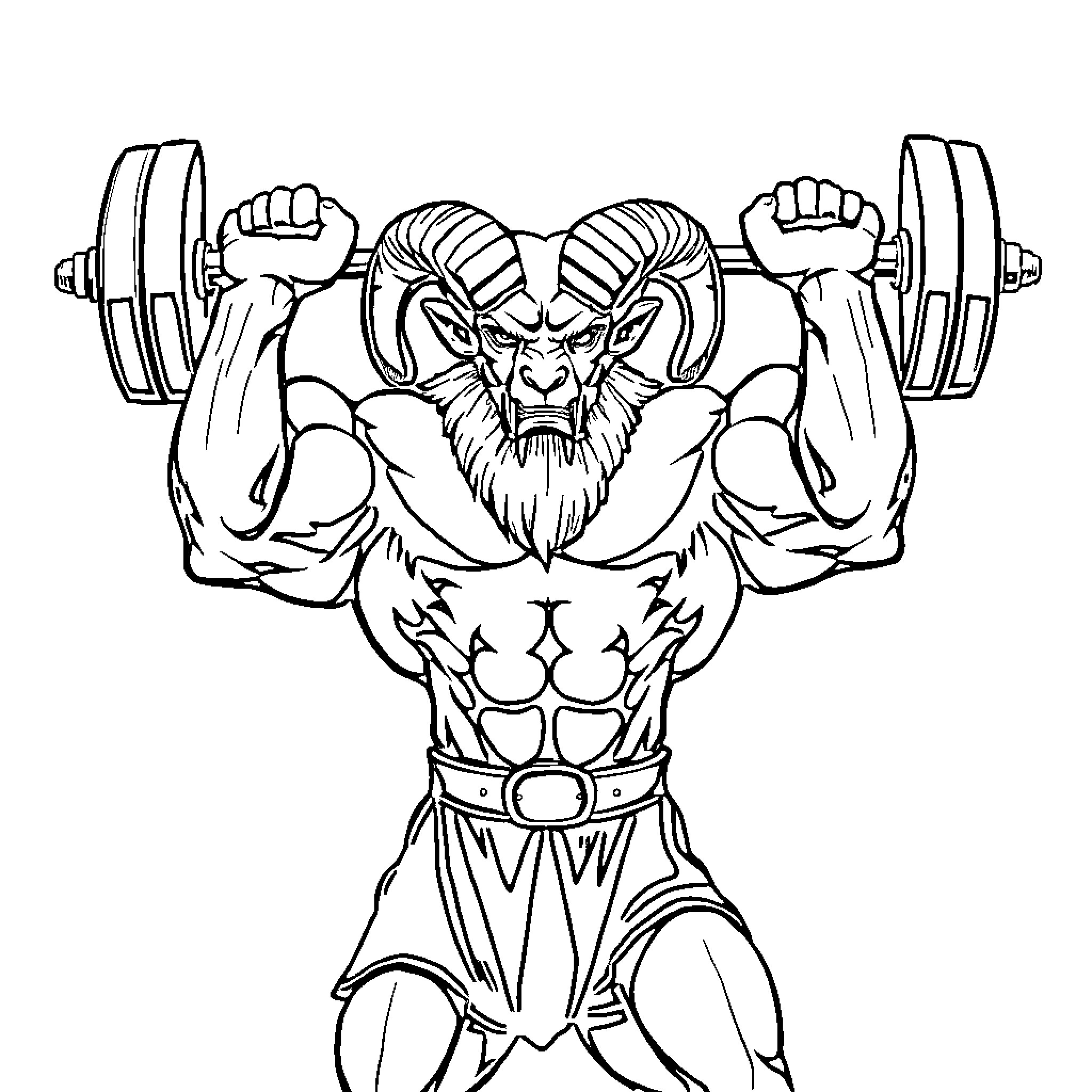 Ram Lifting Weights with Muscular Physique Coloring Page (free black-and-white line drawing printable PDF for all, from beginners to advanced learners, including children, teens, adults, and seniors)