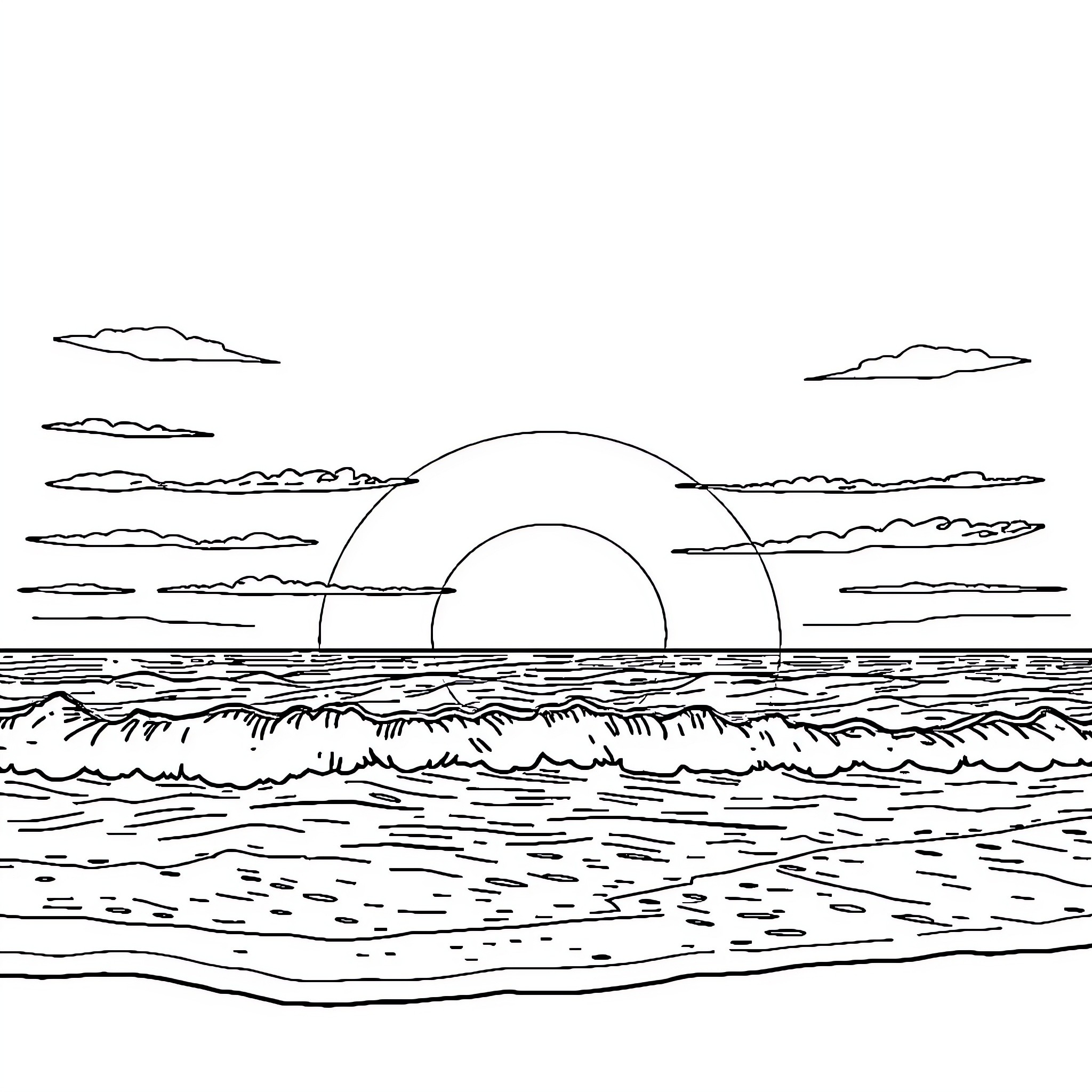 Sunset over the serene ocean landscape Coloring Page (free black-and-white line drawing printable PDF for all, from beginners to advanced learners, including children, teens, adults, and seniors)