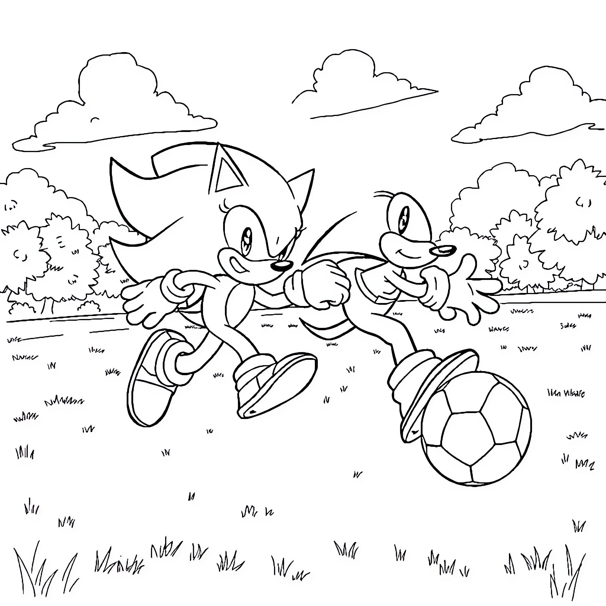 Sonic happily playing with friends in the park Coloring Page (free black-and-white line drawing printable PDF for all, from beginners to advanced learners, including children, teens, adults, and seniors)