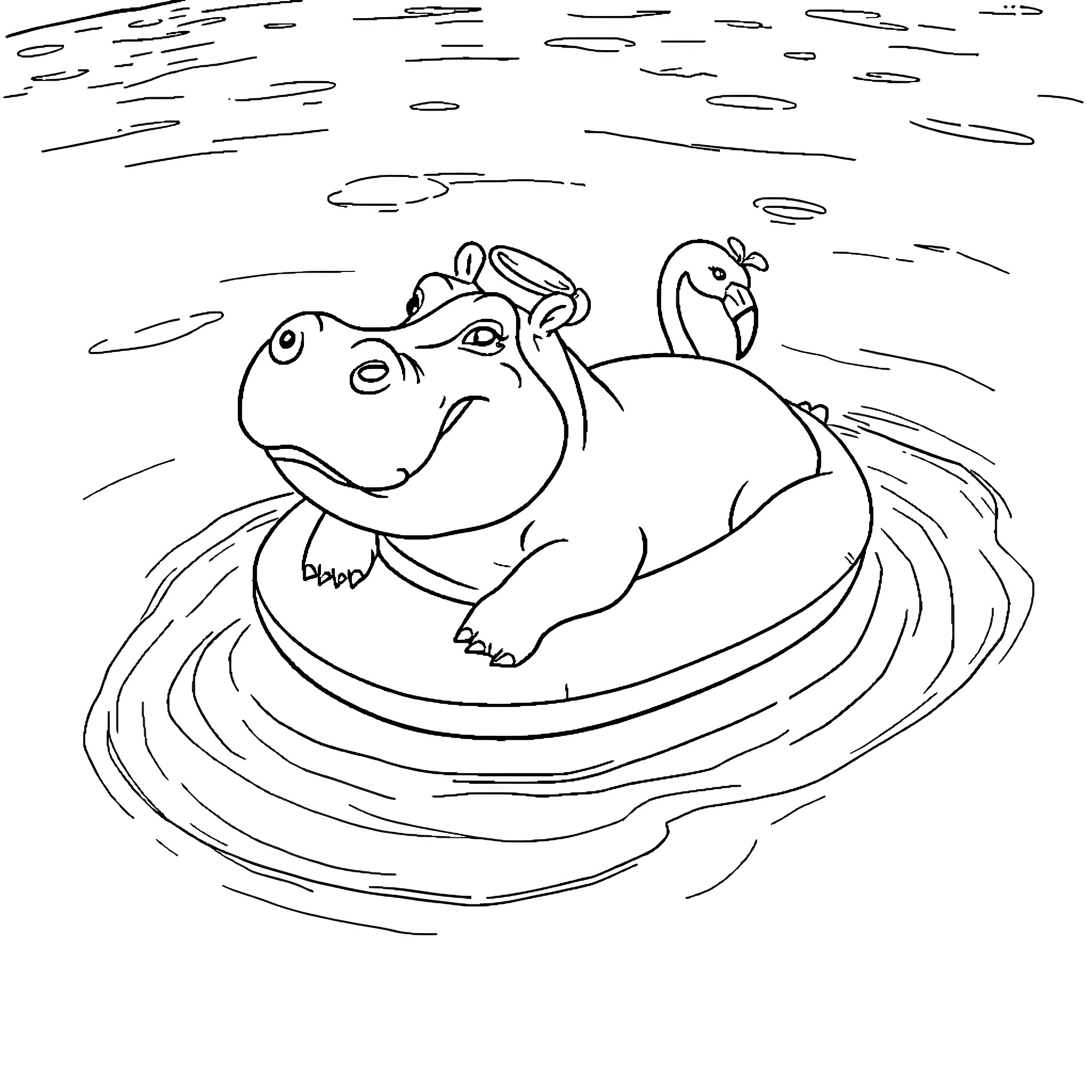 Hippo relaxing in water with friend Coloring Page (free black-and-white line drawing printable PDF for all, from beginners to advanced learners, including children, teens, adults, and seniors)