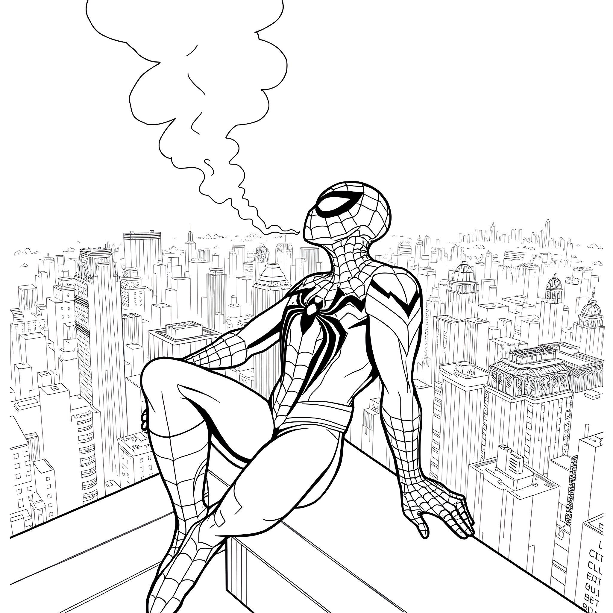 Spider-Man scaling the city skyline in action Coloring Page (free black-and-white line drawing printable PDF for all, from beginners to advanced learners, including children, teens, adults, and seniors)