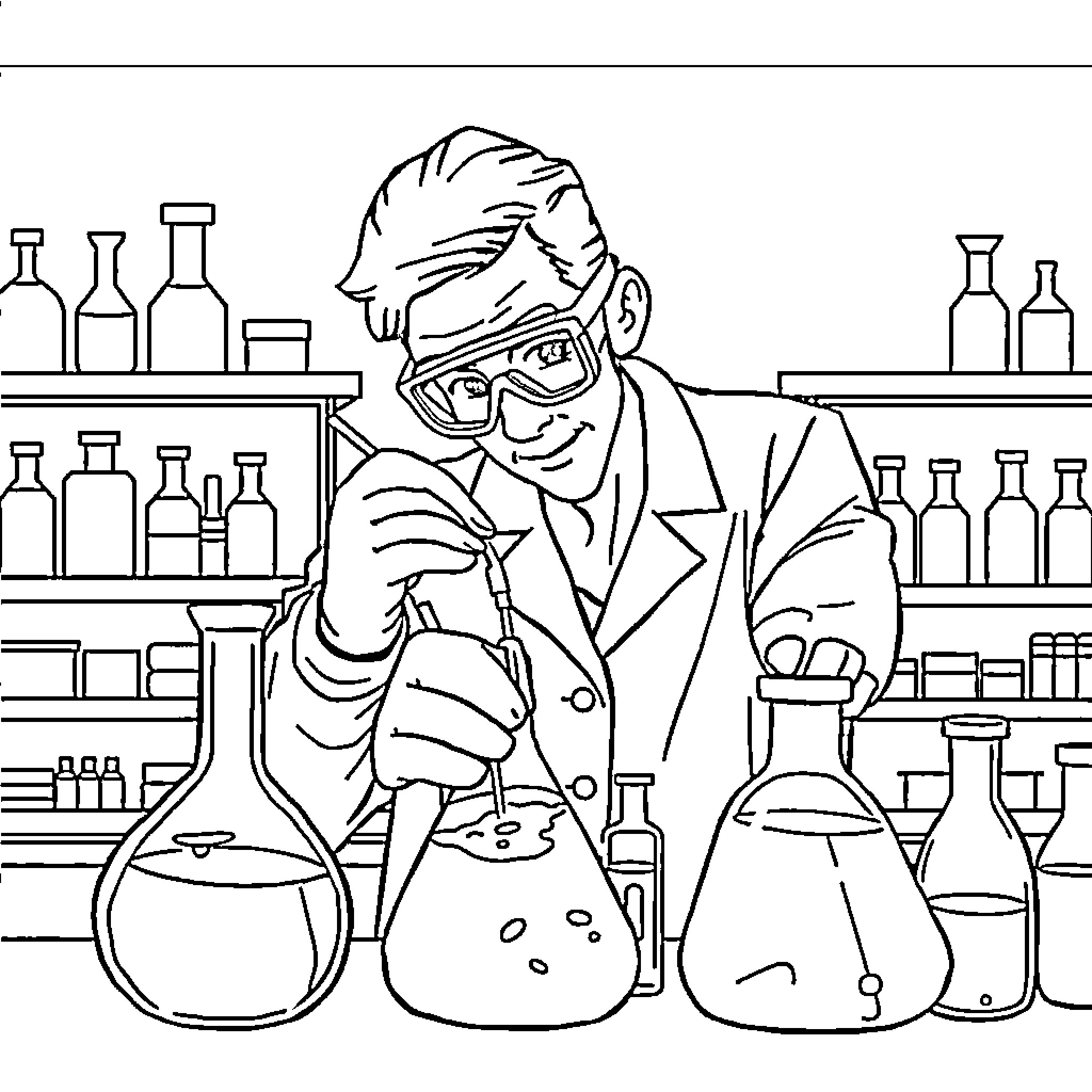 Chemist conducting experiments in a laboratory Coloring Page (free black-and-white line drawing printable PDF for all, from beginners to advanced learners, including children, teens, adults, and seniors)