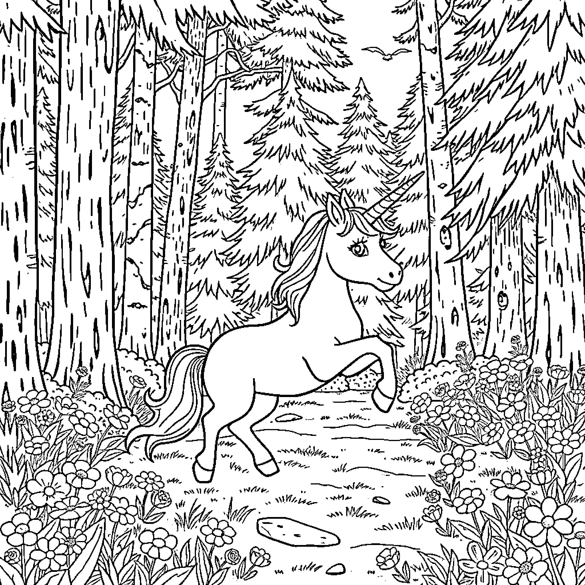 Unicorn prancing gracefully in a magical forest Coloring Page (free black-and-white line drawing printable PDF for all, from beginners to advanced learners, including children, teens, adults, and seniors)