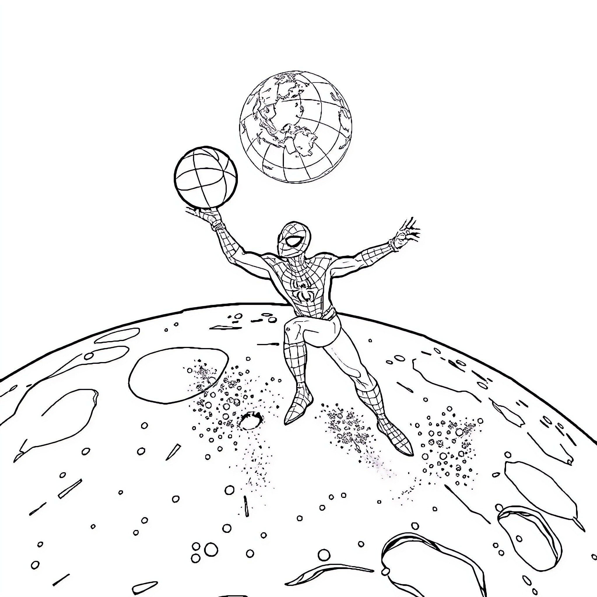 Spider-Man exploring the cosmos Coloring Page (free black-and-white line drawing printable PDF for all, from beginners to advanced learners, including children, teens, adults, and seniors)
