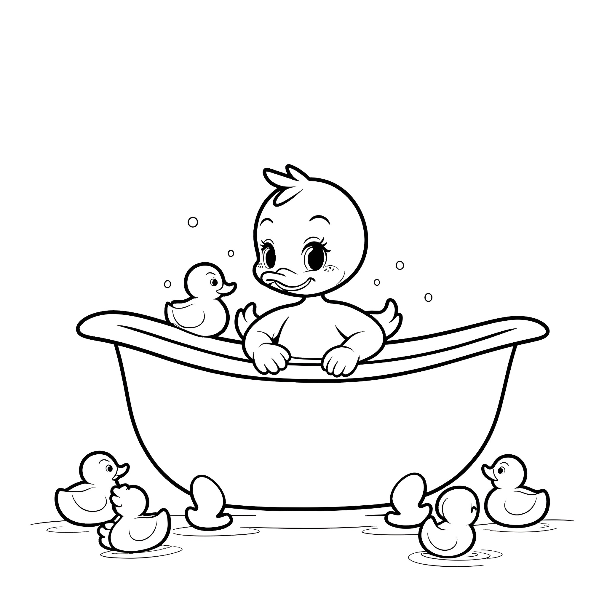 Donald Duck taking a bath with rubber duckies Coloring Page (free black-and-white line drawing printable PDF for all, from beginners to advanced learners, including children, teens, adults, and seniors)