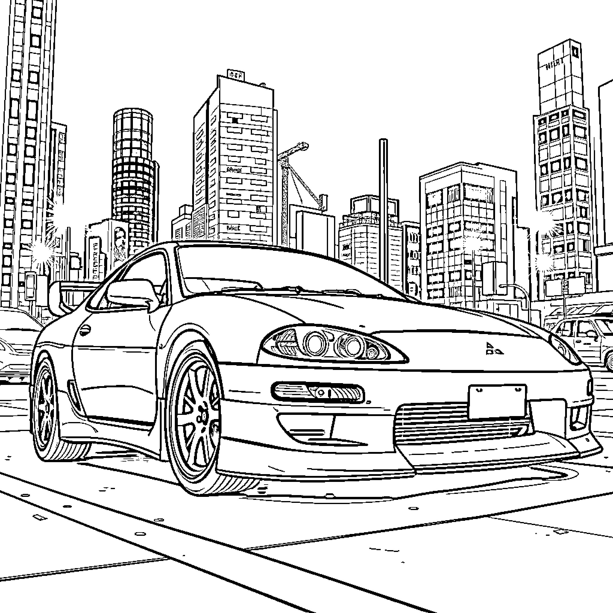 Mitsubishi Eclipse in an urban cityscape Coloring Page (free black-and-white line drawing printable PDF for all, from beginners to advanced learners, including children, teens, adults, and seniors)