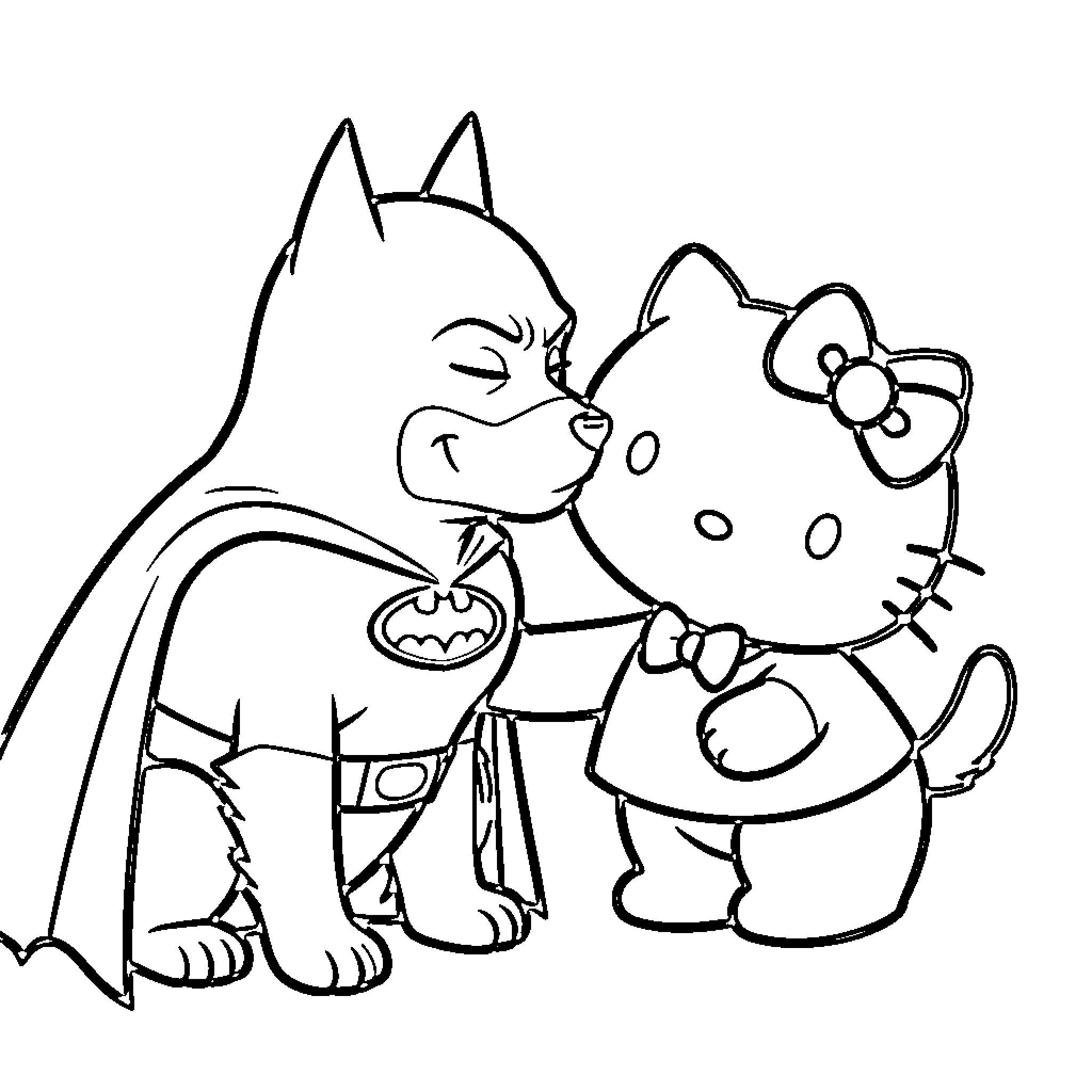 Dog dressed as superhero kissing a cute kitten Coloring Page (free black-and-white line drawing printable PDF for all, from beginners to advanced learners, including children, teens, adults, and seniors)