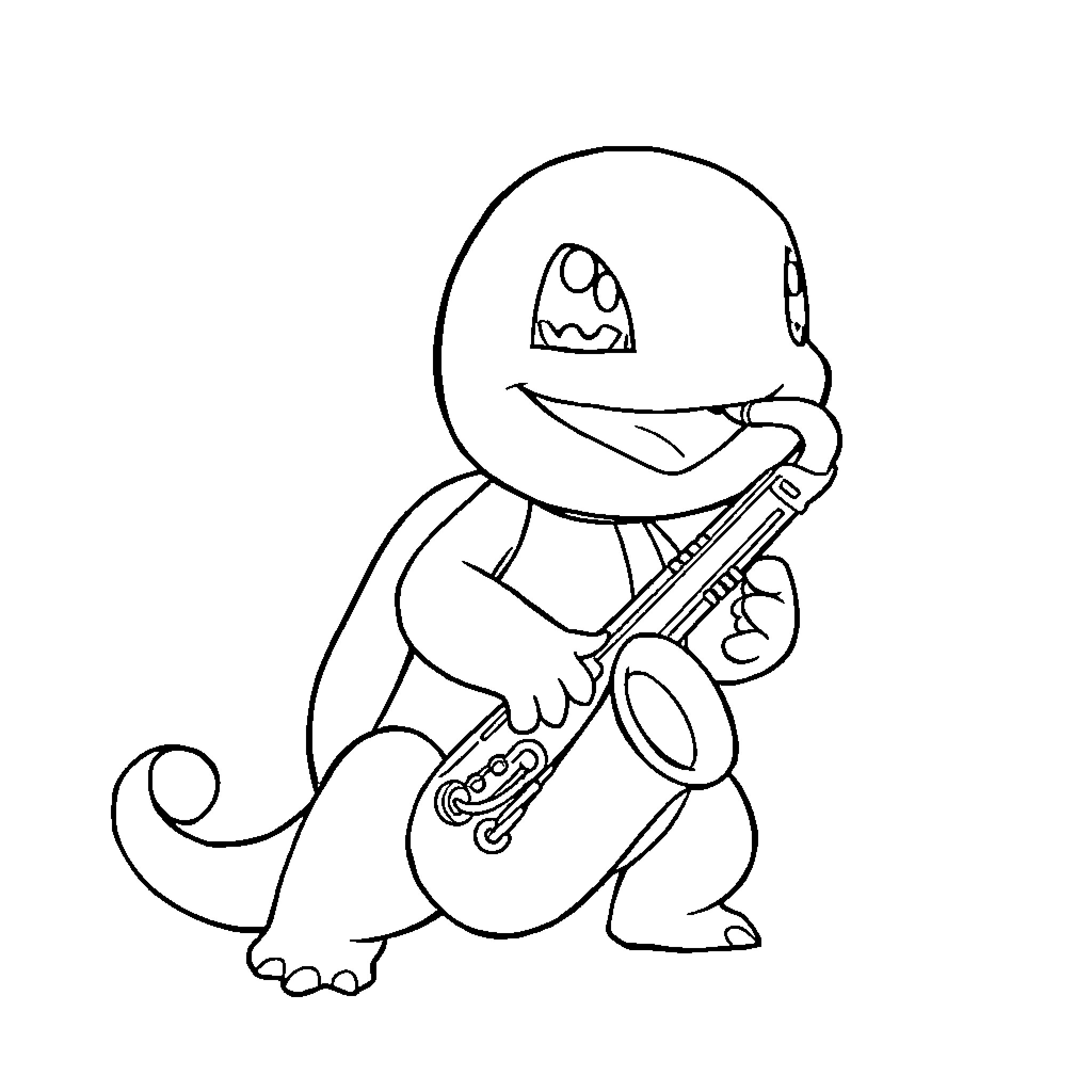 Squirtle playing saxophone in the park Coloring Page (free black-and-white line drawing printable PDF for all, from beginners to advanced learners, including children, teens, adults, and seniors)