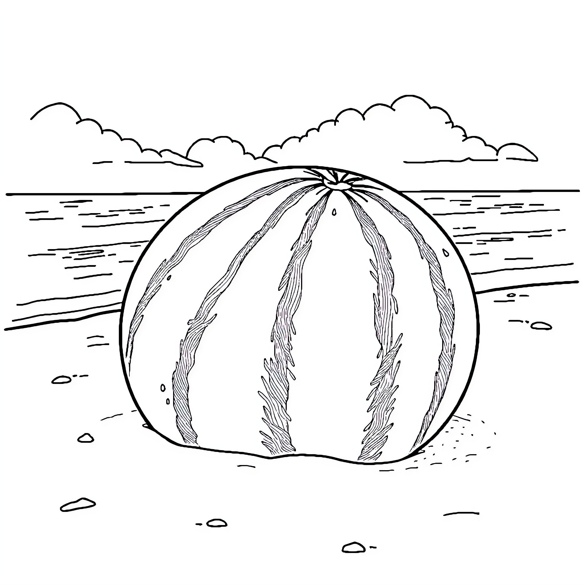Watermelon on the Beach Coloring Page (free black-and-white line drawing printable PDF for all, from beginners to advanced learners, including children, teens, adults, and seniors)