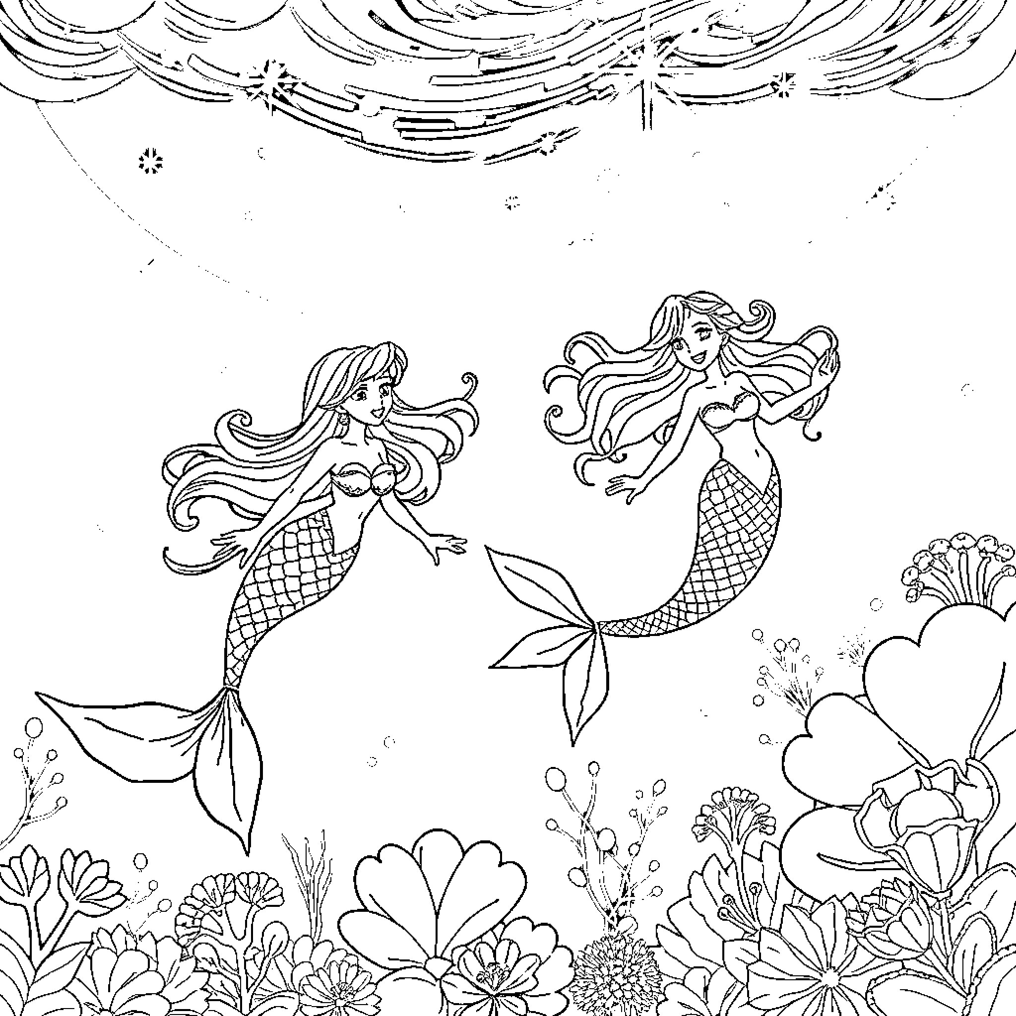 Mermaid Companions Frolicking in Underwater Wonderland Coloring Page (free black-and-white line drawing printable PDF for all, from beginners to advanced learners, including children, teens, adults, and seniors)