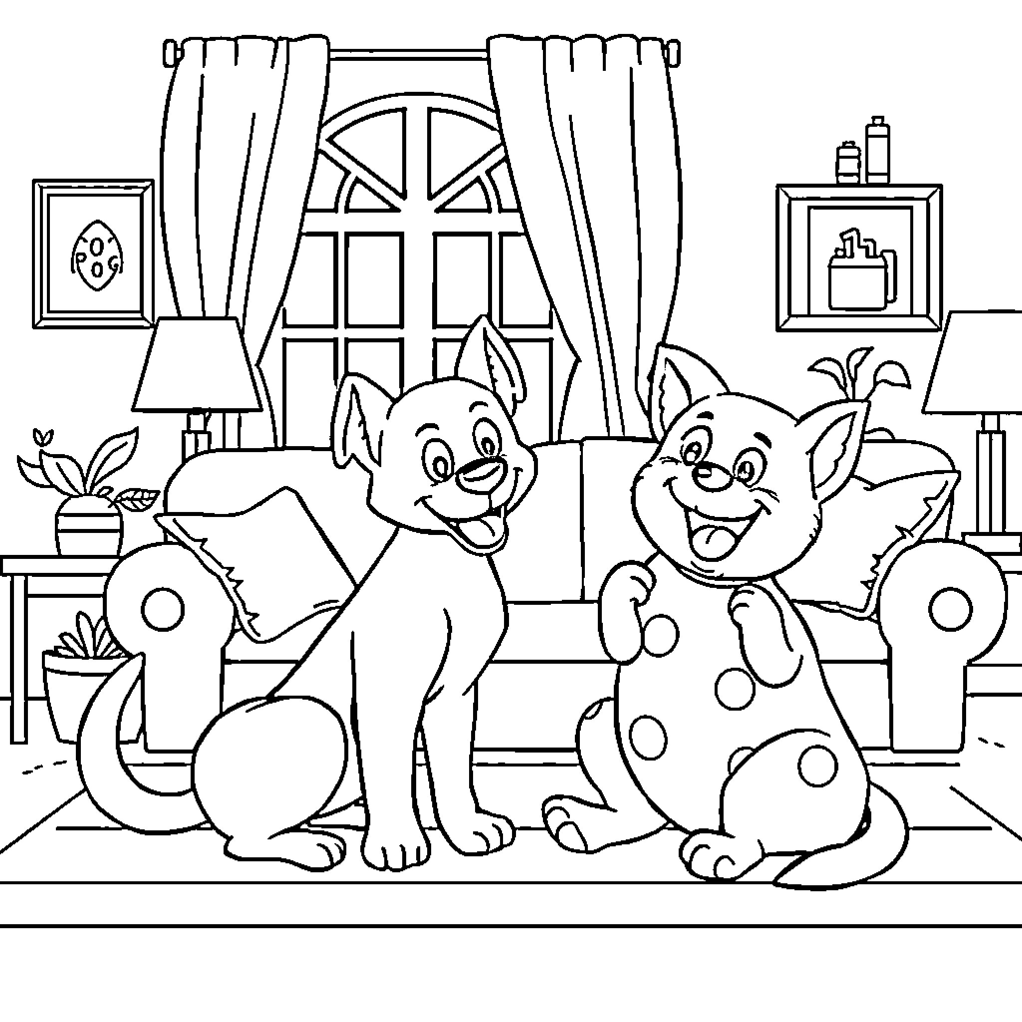 Bluey and Friends Relax at Home Coloring Page (free black-and-white line drawing printable PDF for all, from beginners to advanced learners, including children, teens, adults, and seniors)