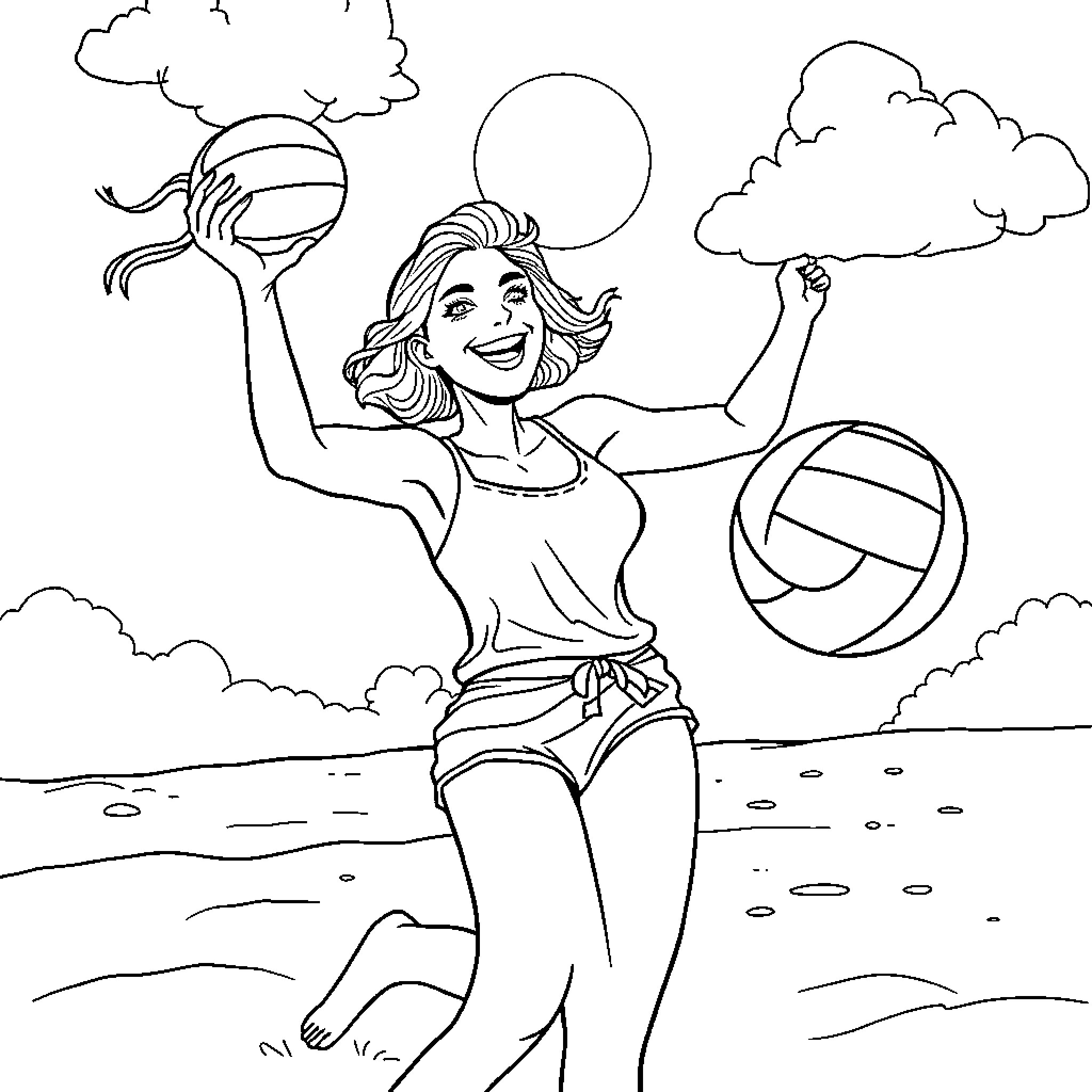 Mom playing joyfully with beach ball on sunny day Coloring Page (free black-and-white line drawing printable PDF for all, from beginners to advanced learners, including children, teens, adults, and seniors)