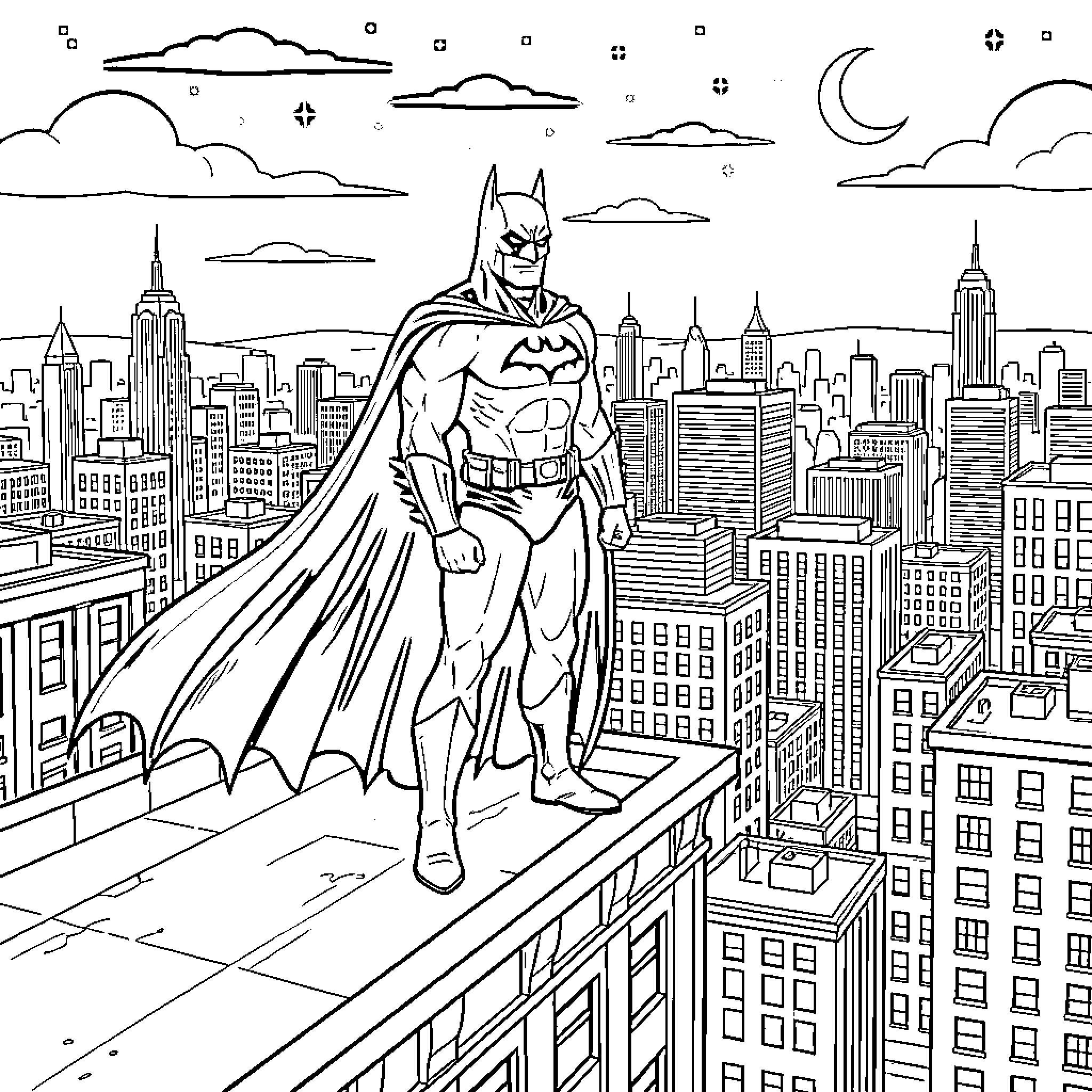 Batman standing heroically atop a city skyscraper Coloring Page (free black-and-white line drawing printable PDF for all, from beginners to advanced learners, including children, teens, adults, and seniors)