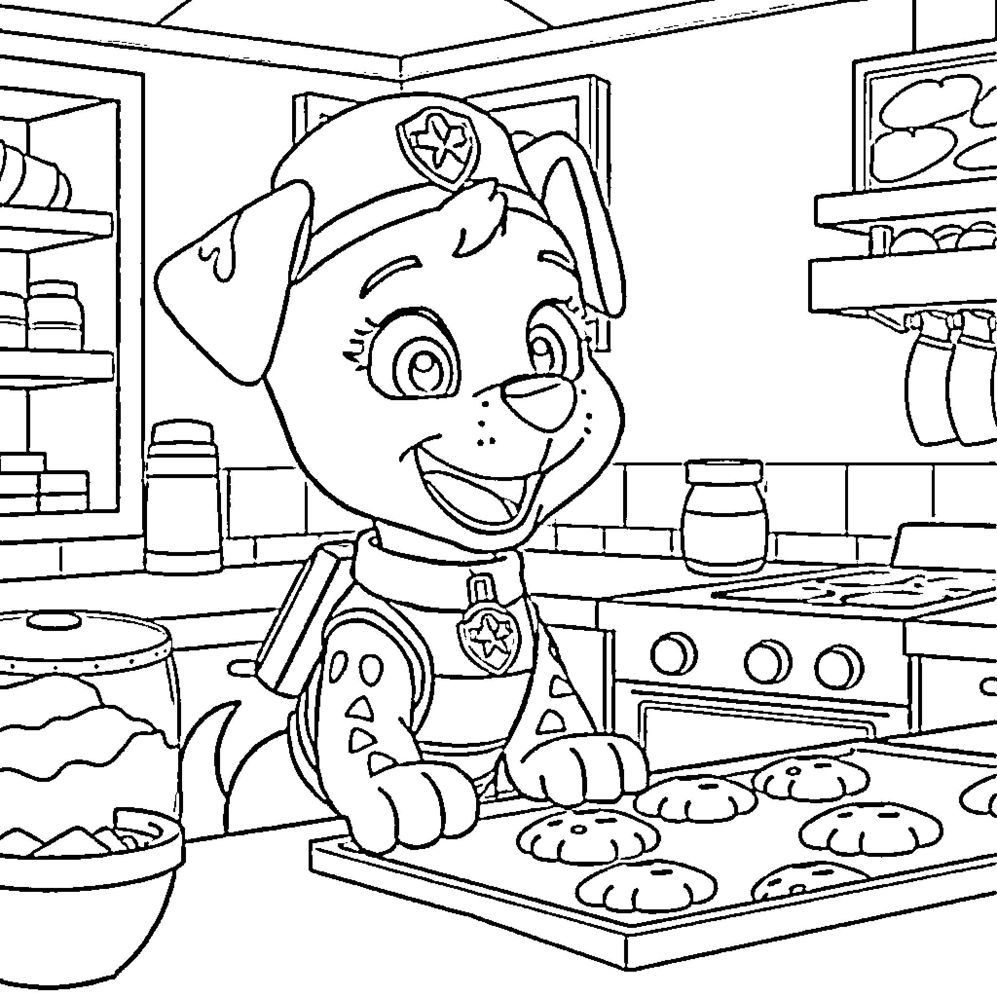 Skye bakes cookies in the kitchen Coloring Page (free black-and-white line drawing printable PDF for all, from beginners to advanced learners, including children, teens, adults, and seniors)