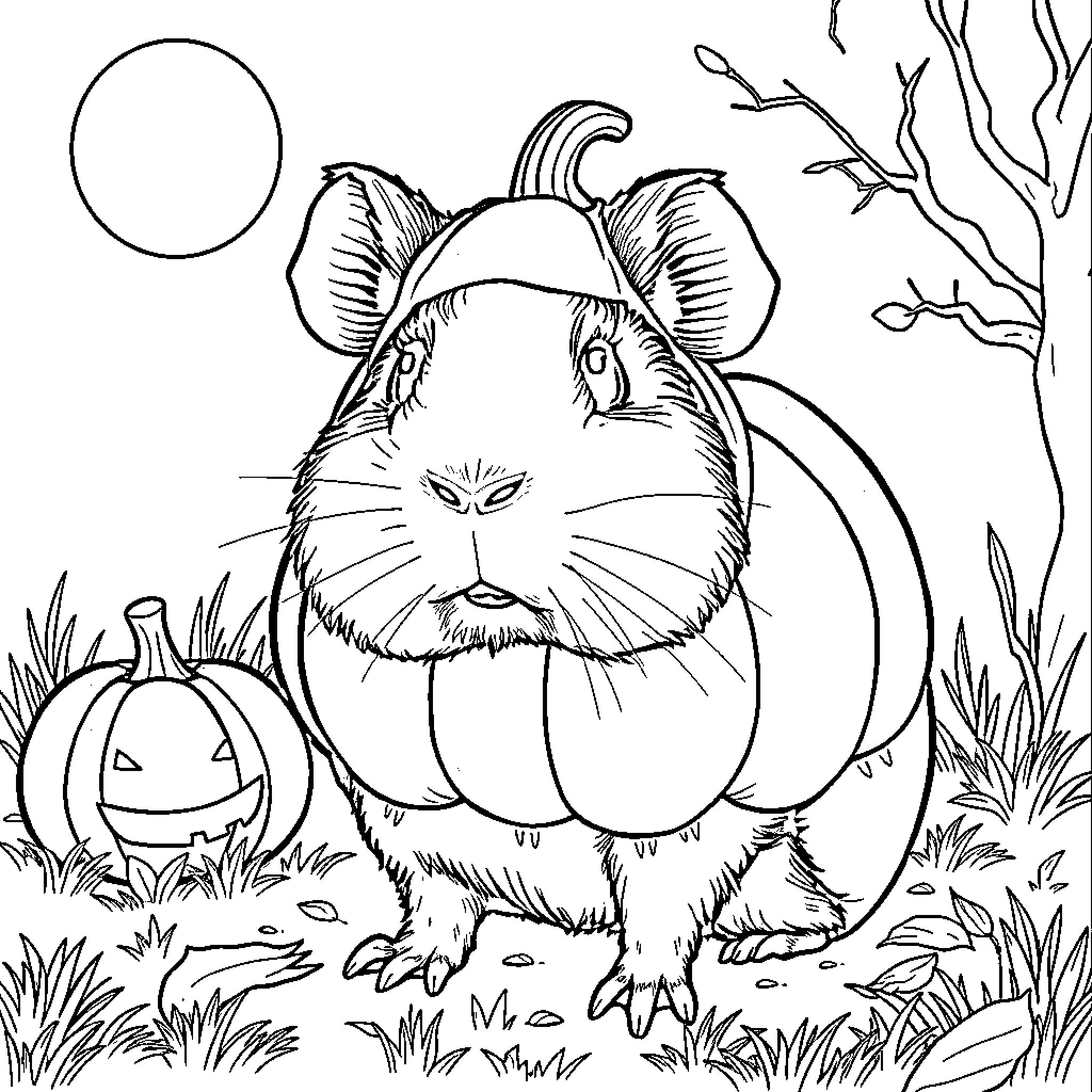 Guinea Pig exploring a spooky autumn scene Coloring Page (free black-and-white line drawing printable PDF for all, from beginners to advanced learners, including children, teens, adults, and seniors)