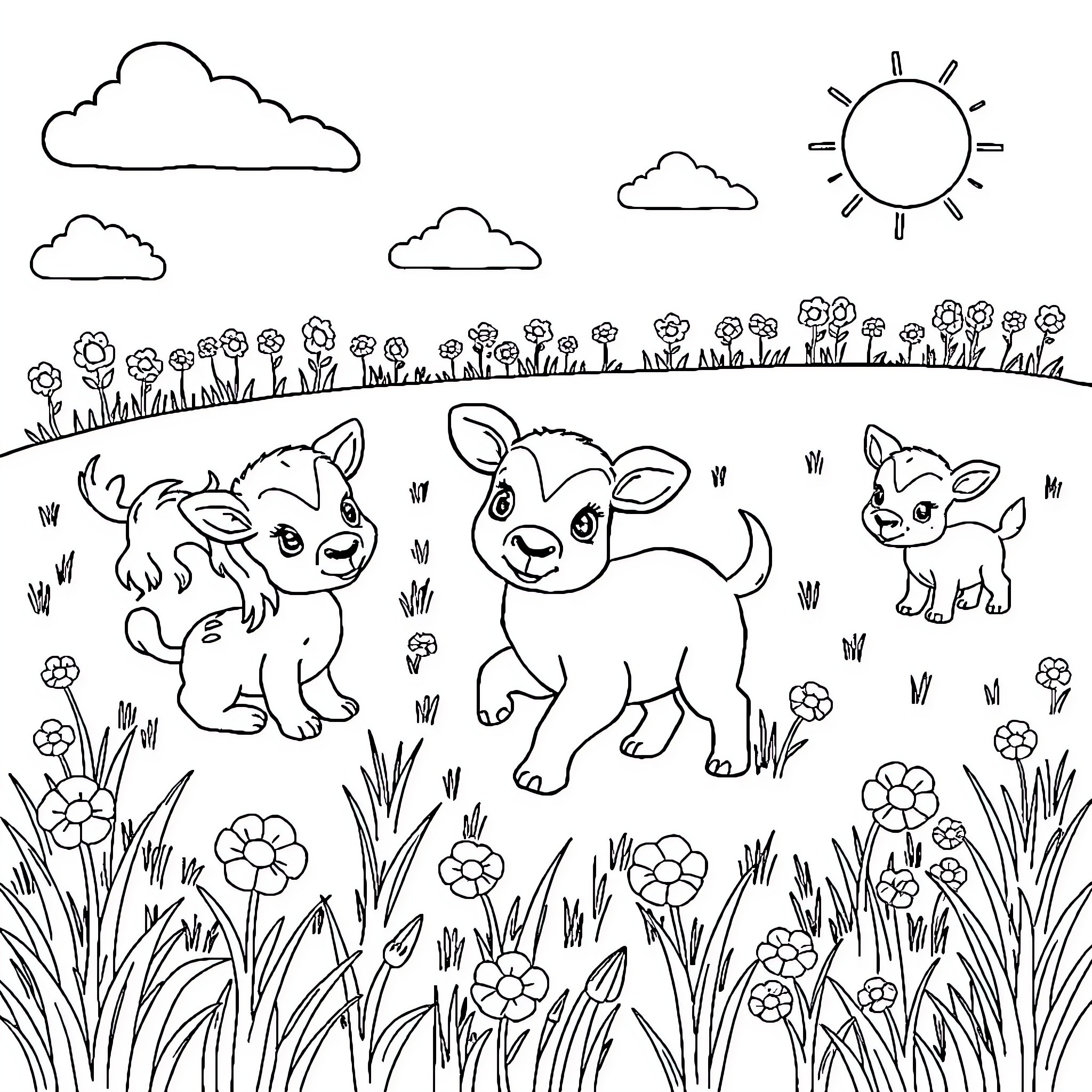 Baby Animals Playing Happily in a Grassy Field Coloring Page (free black-and-white line drawing printable PDF for all, from beginners to advanced learners, including children, teens, adults, and seniors)