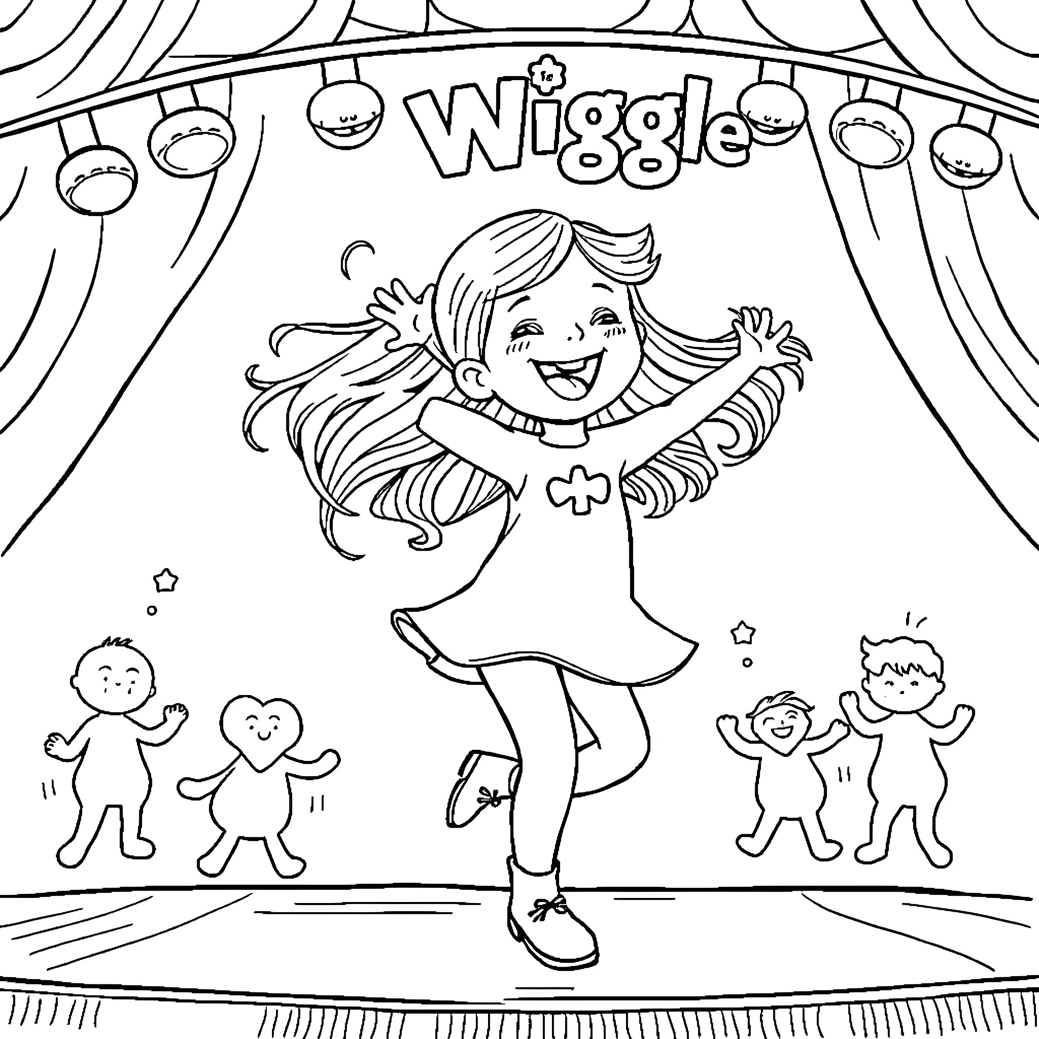 Toddler performing joyfully on stage Coloring Page (free black-and-white line drawing printable PDF for all, from beginners to advanced learners, including children, teens, adults, and seniors)