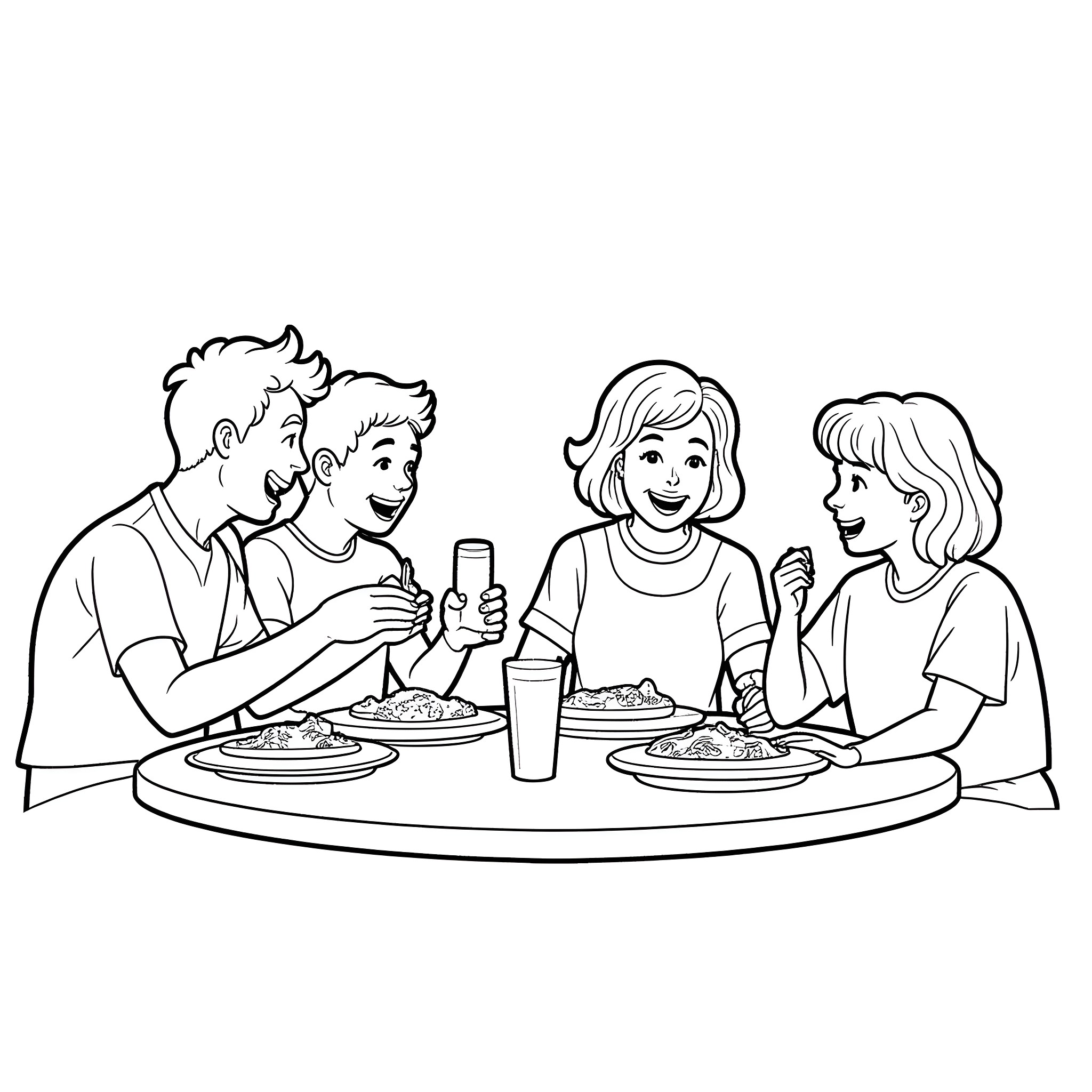 Cast Enjoying Meal Together at the Table Coloring Page (free black-and-white line drawing printable PDF for all, from beginners to advanced learners, including children, teens, adults, and seniors)
