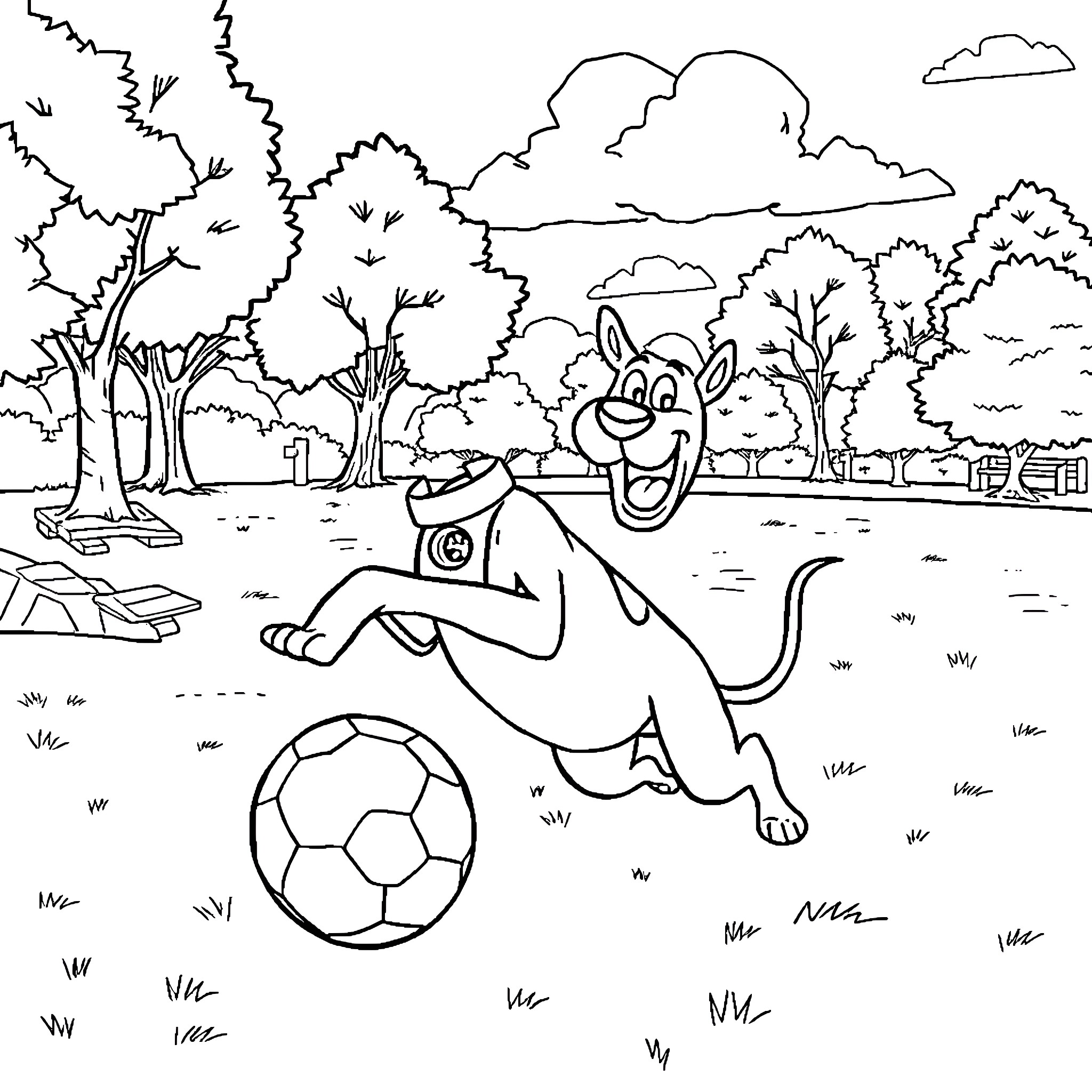 Scooby Doo chasing a soccer ball in the park Coloring Page (free black-and-white line drawing printable PDF for all, from beginners to advanced learners, including children, teens, adults, and seniors)