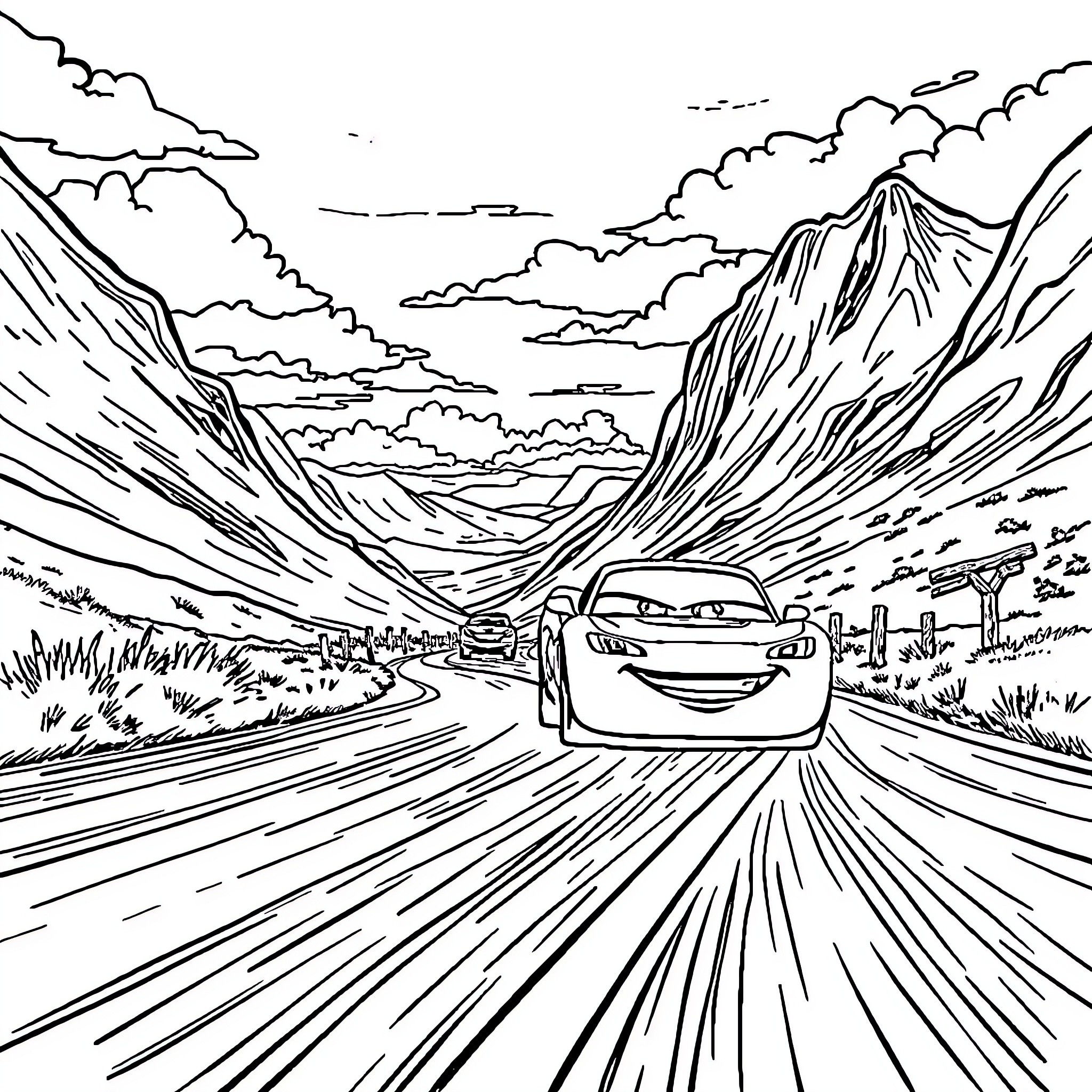 Lightning McQueen racing through a mountainous landscape Coloring Page (free black-and-white line drawing printable PDF for all, from beginners to advanced learners, including children, teens, adults, and seniors)