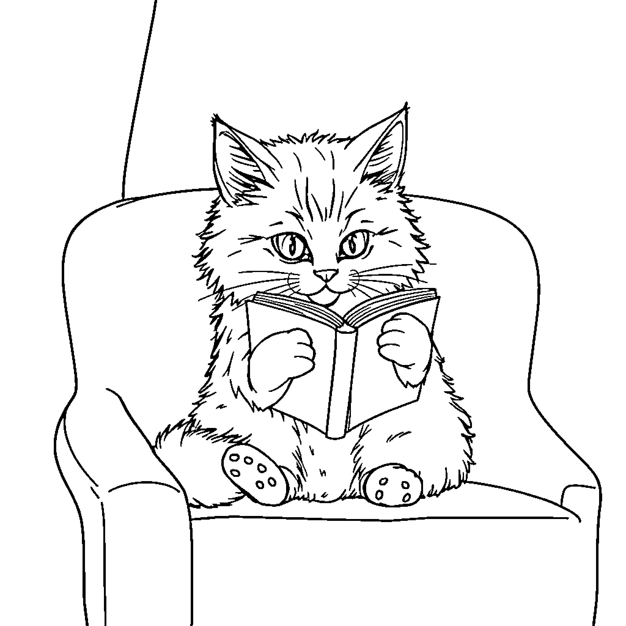 Cat reading a book in chair Coloring Page (free black-and-white line drawing printable PDF for all, from beginners to advanced learners, including children, teens, adults, and seniors)