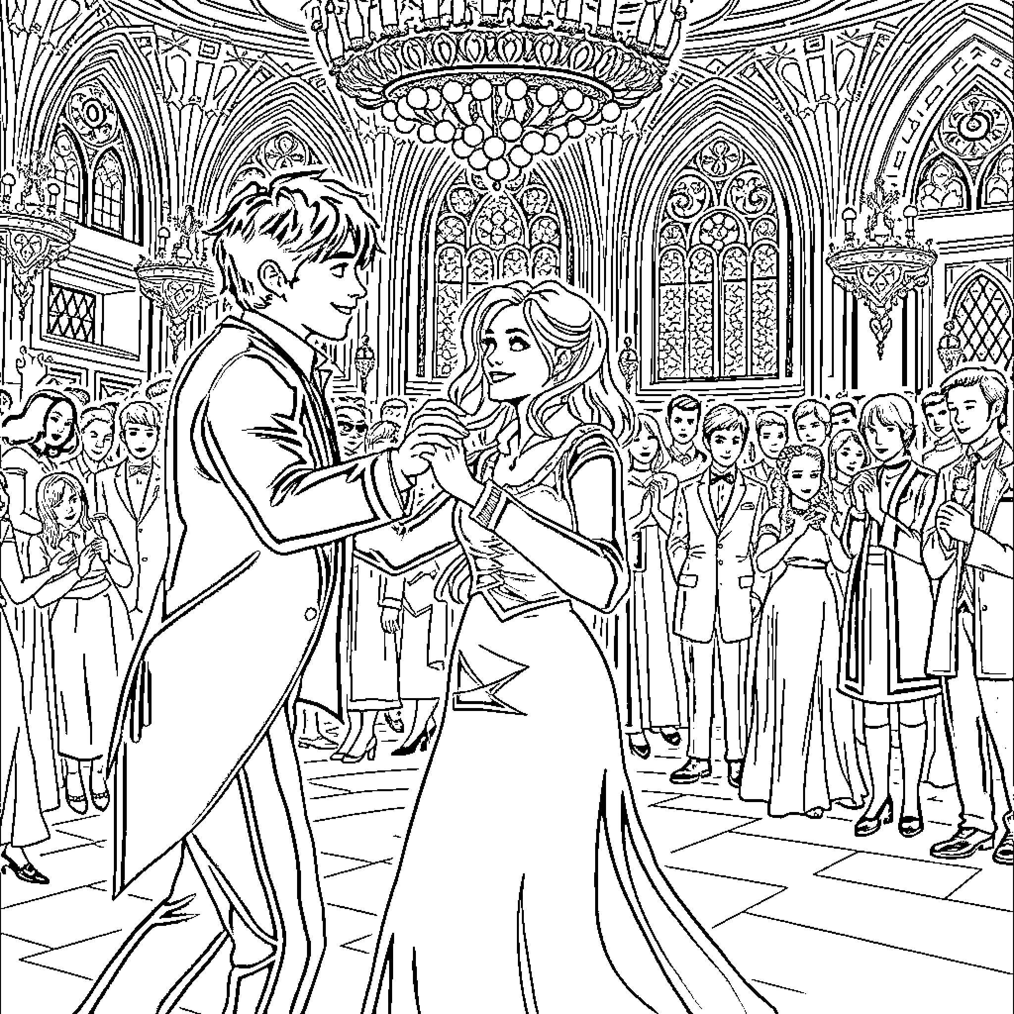 Harry and the Enchanting Ball Dance Coloring Page (free black-and-white line drawing printable PDF for all, from beginners to advanced learners, including children, teens, adults, and seniors)