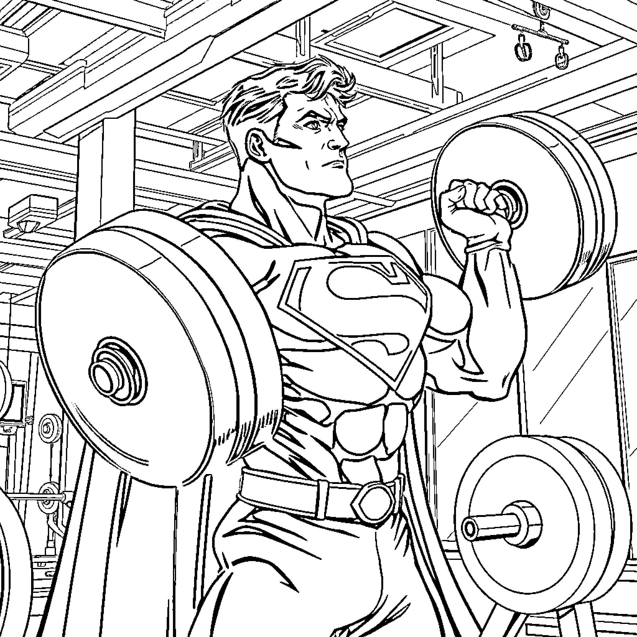 Superman Lifting Weights in the Gym Coloring Page (free black-and-white line drawing printable PDF for all, from beginners to advanced learners, including children, teens, adults, and seniors)