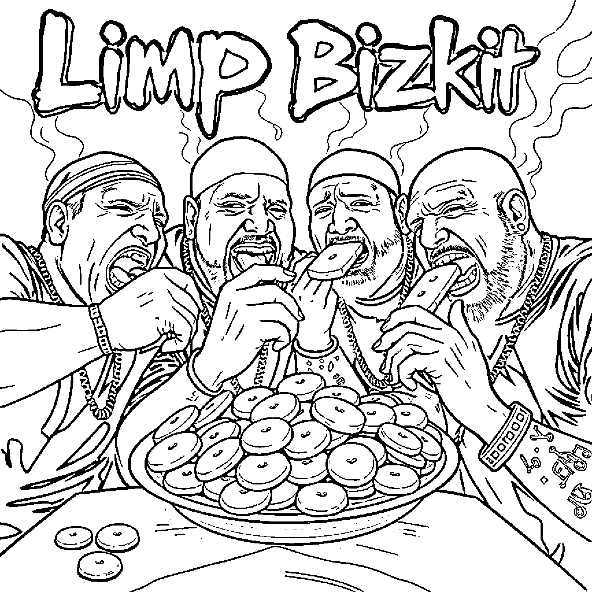 Limp Bizkit Band Members Enjoying a Snack Coloring Page (free black-and-white line drawing printable PDF for all, from beginners to advanced learners, including children, teens, adults, and seniors)