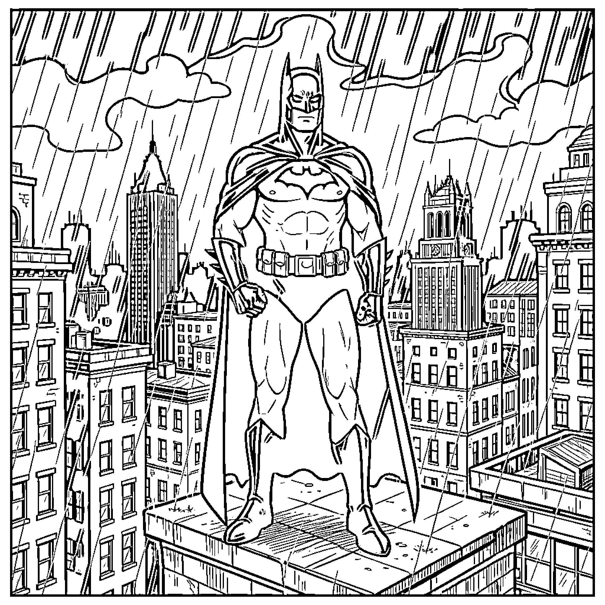 Batman heroically stands over the city in the rain Coloring Page (free black-and-white line drawing printable PDF for all, from beginners to advanced learners, including children, teens, adults, and seniors)