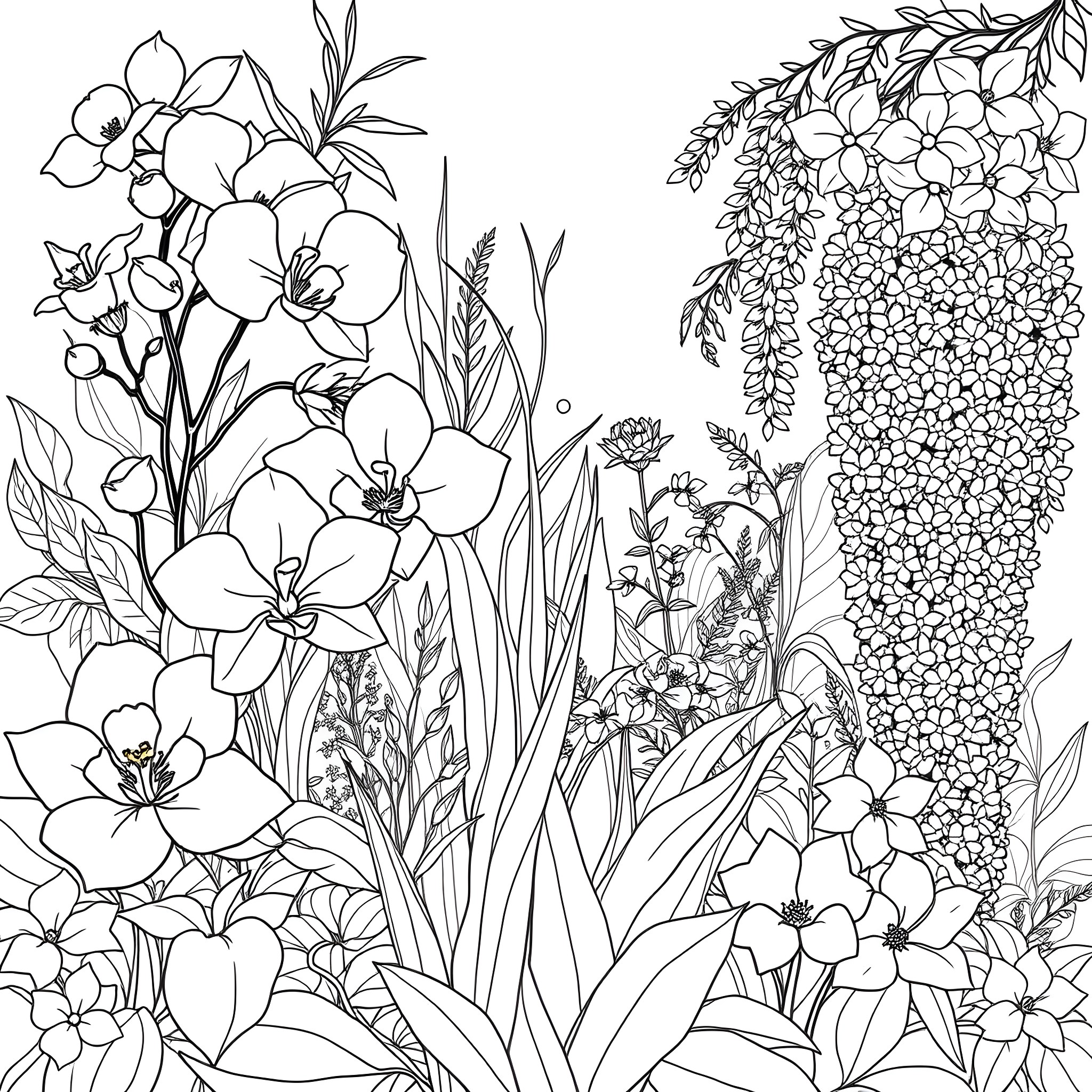 Flower Garden with Blossoming Plants and Foliage Coloring Page (free black-and-white line drawing printable PDF for all, from beginners to advanced learners, including children, teens, adults, and seniors)