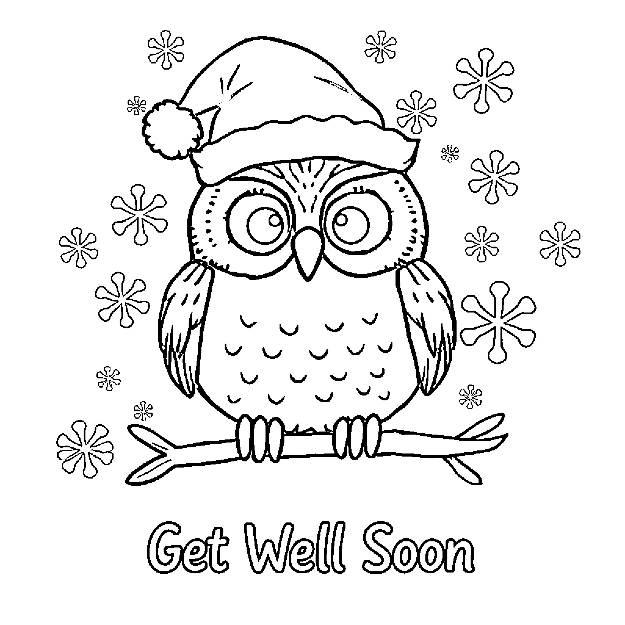 Owl in Santa Hat Wishing Get Well Soon Coloring Page (free black-and-white line drawing printable PDF for all, from beginners to advanced learners, including children, teens, adults, and seniors)